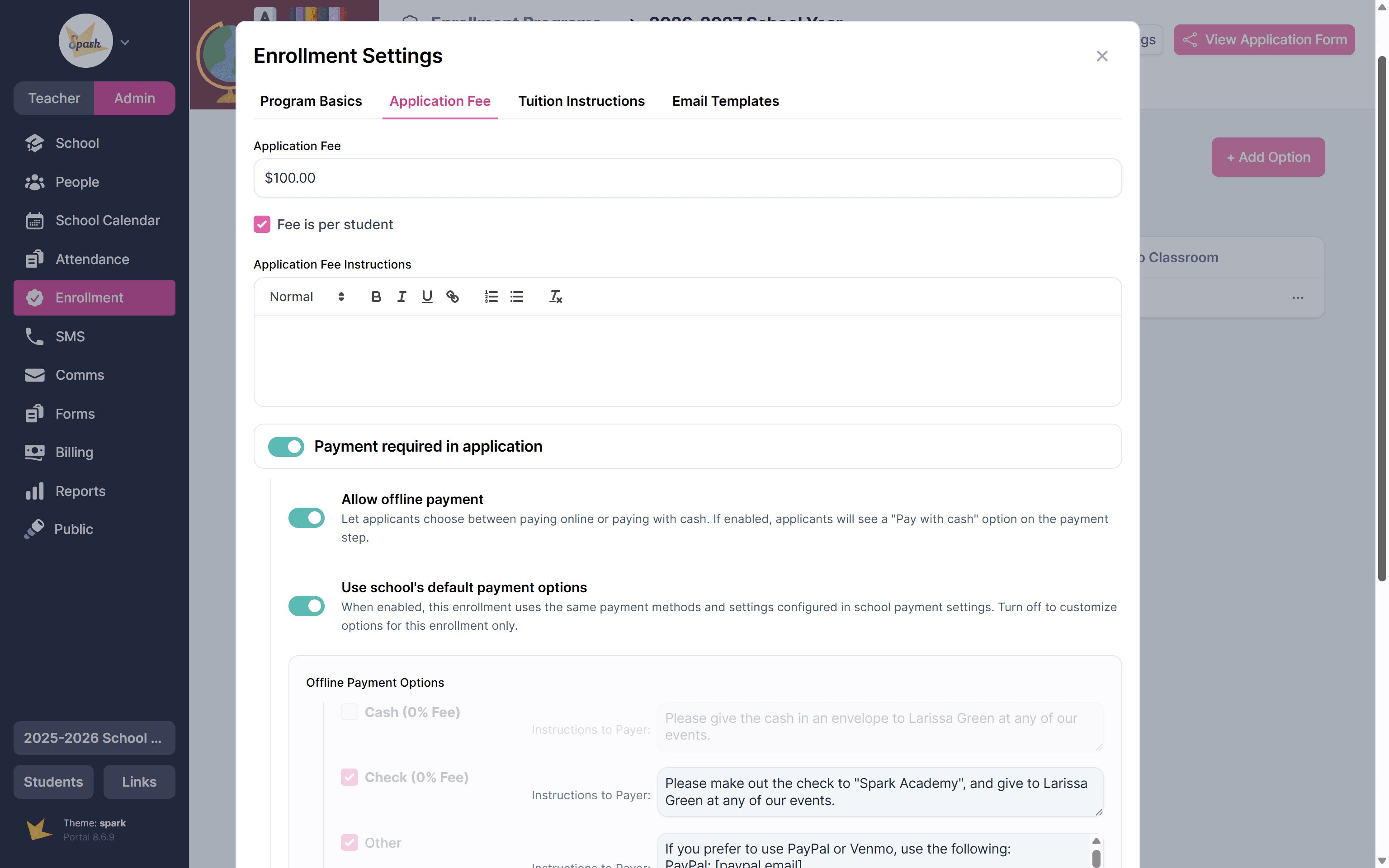 Application fee settings