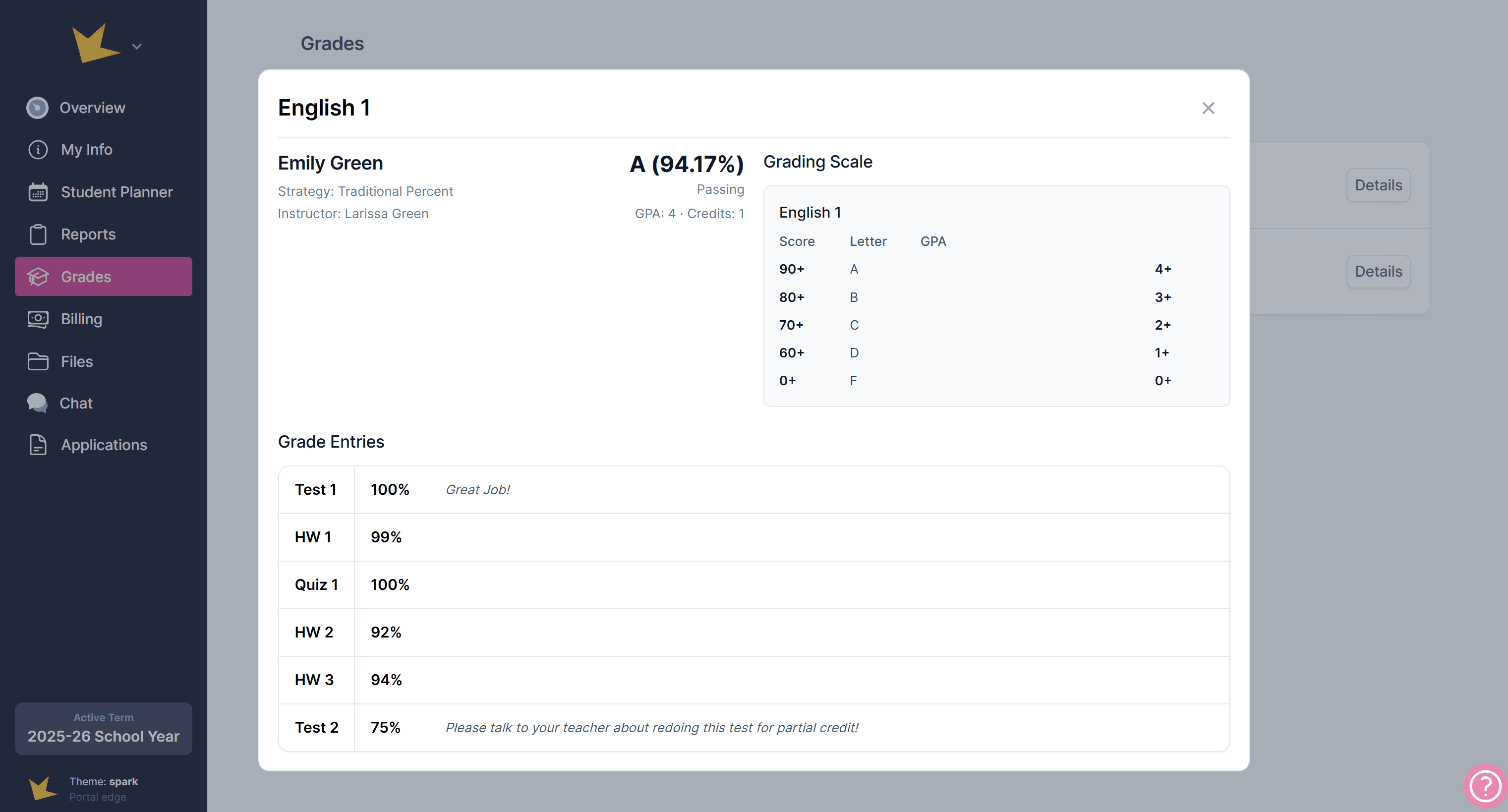 Live grade record on guardian portal