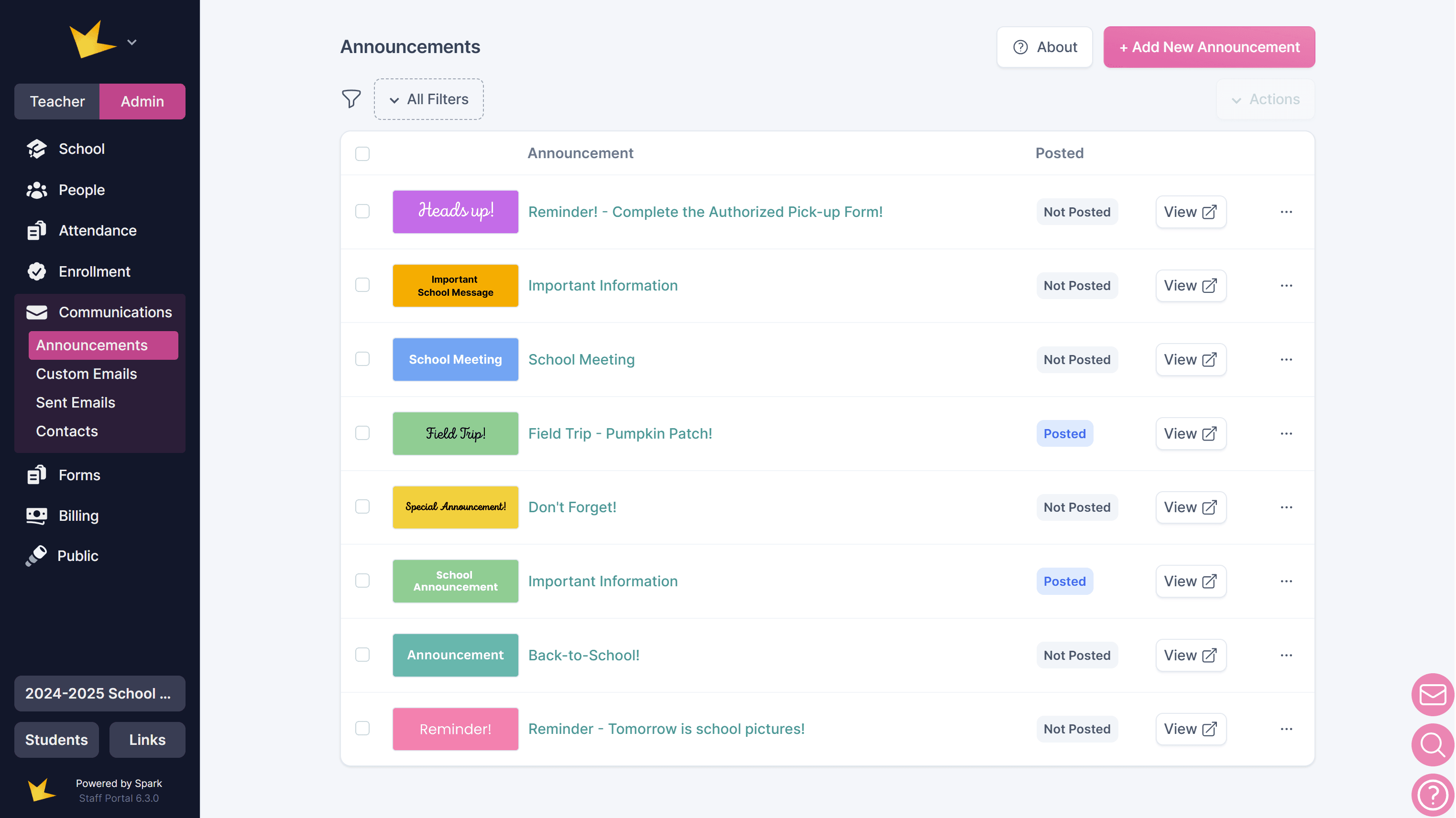 List of announcements
