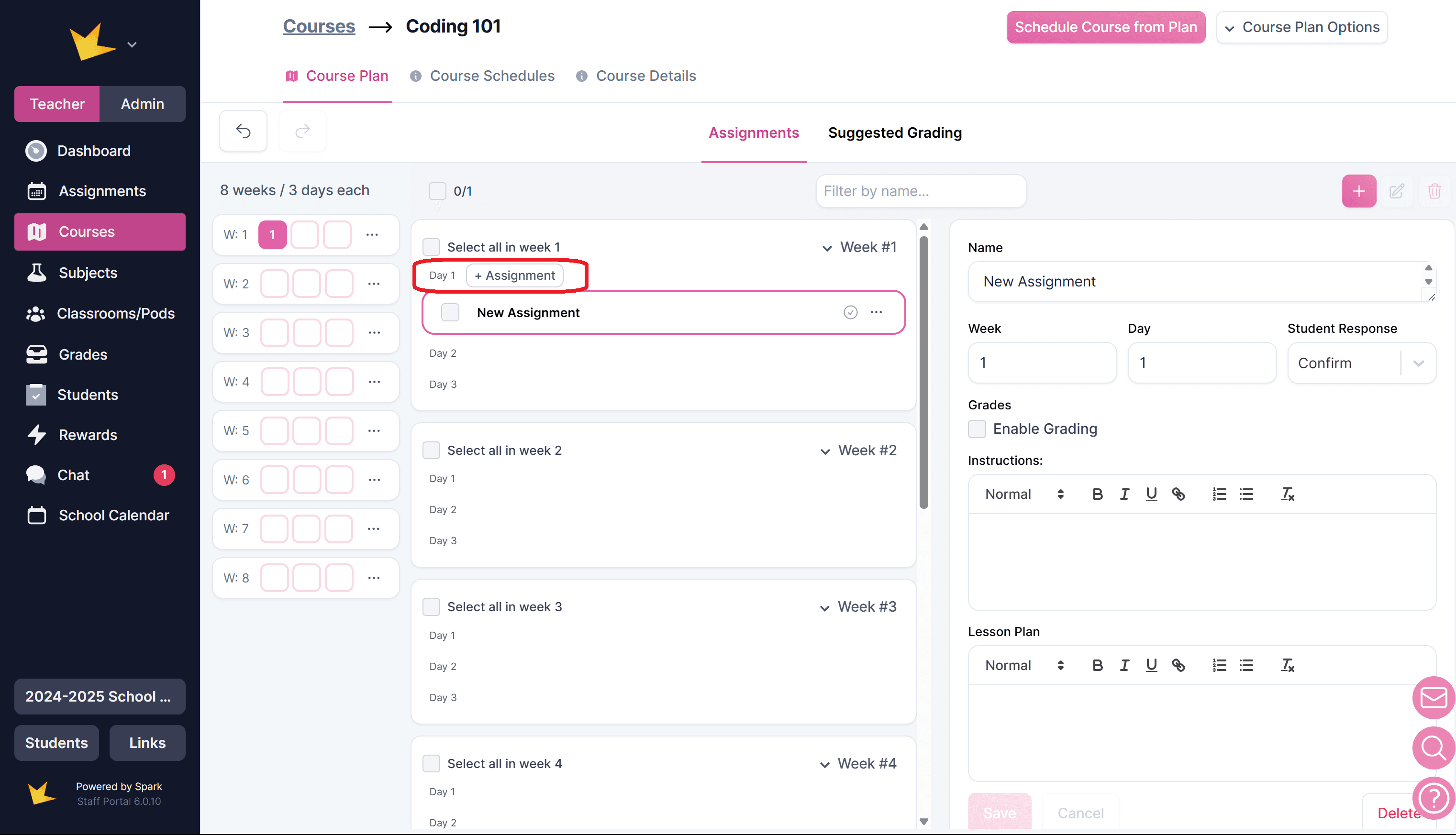 Adding new assignment to a Course Plan
