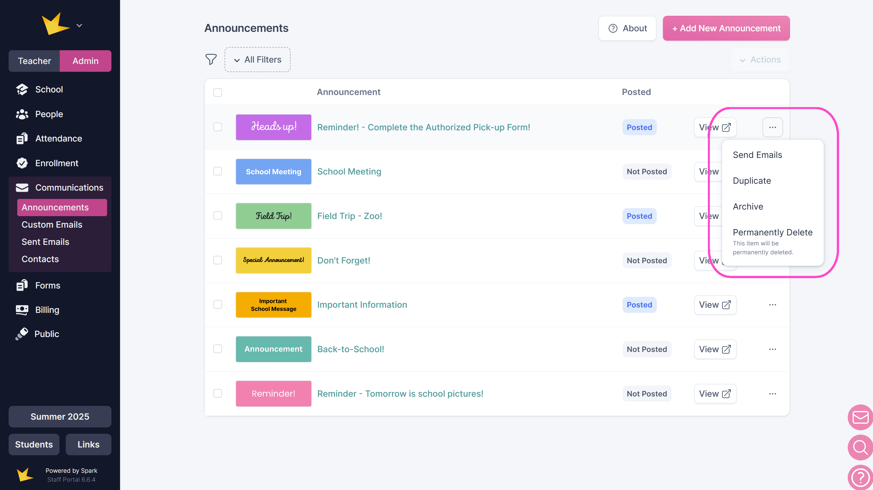 Three dot menu options for announcements