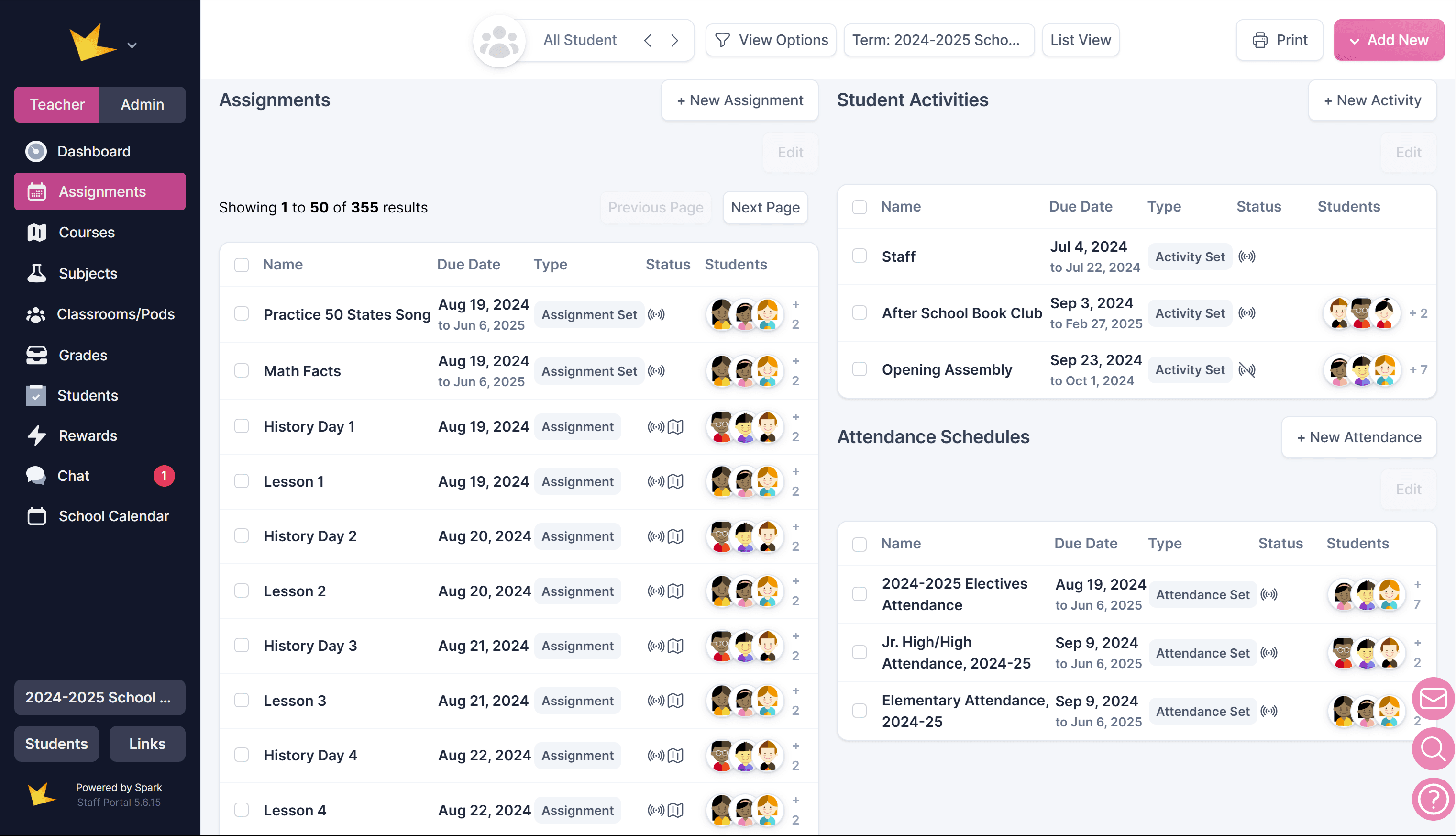 Assignment calendar list view