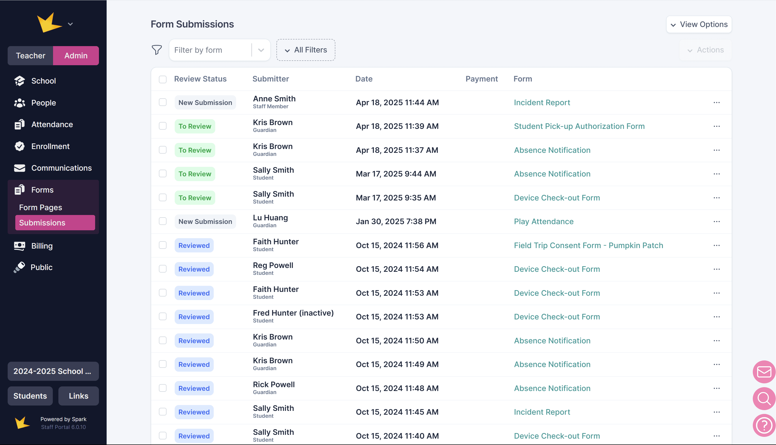 Form Submissions List