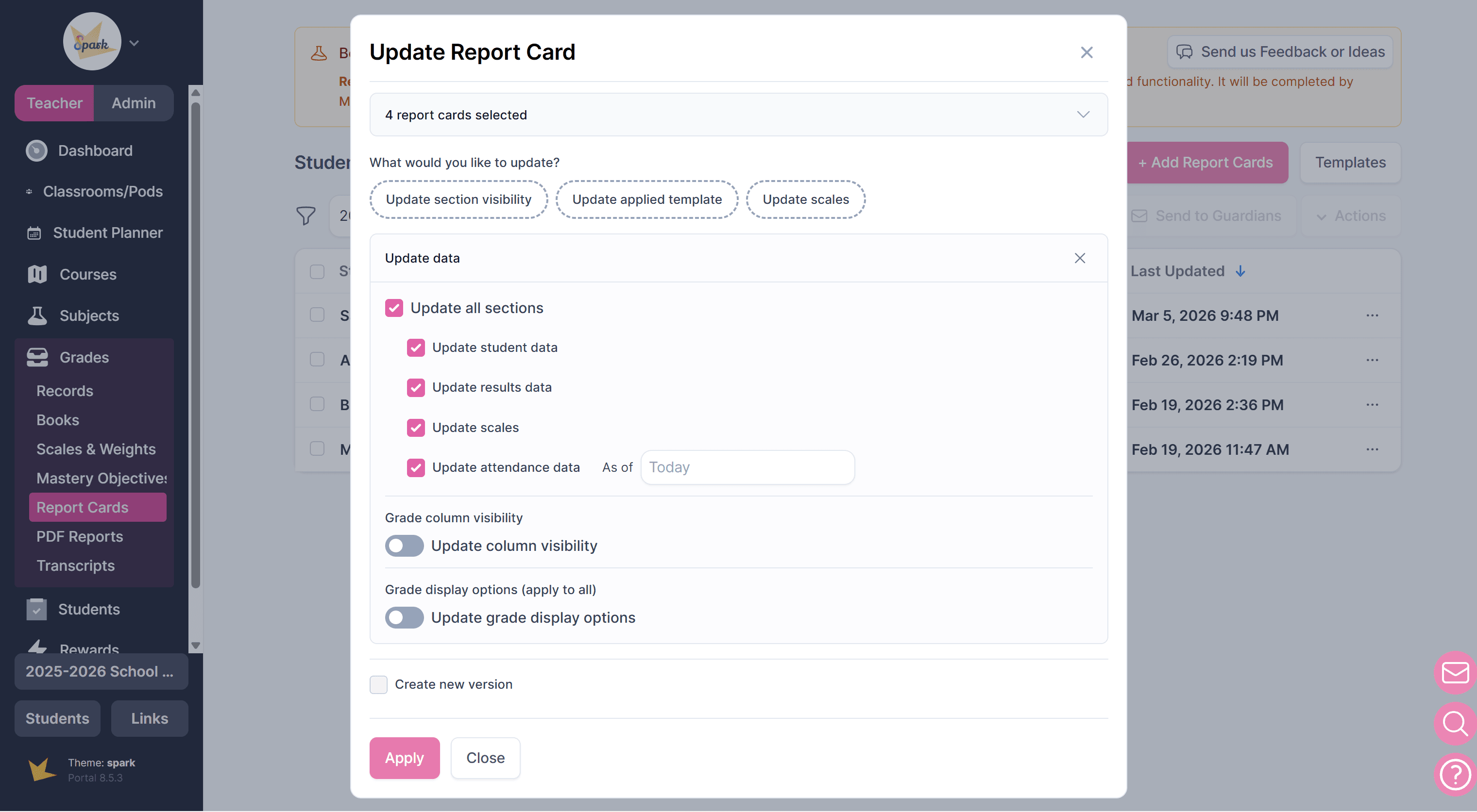 Updating report cards