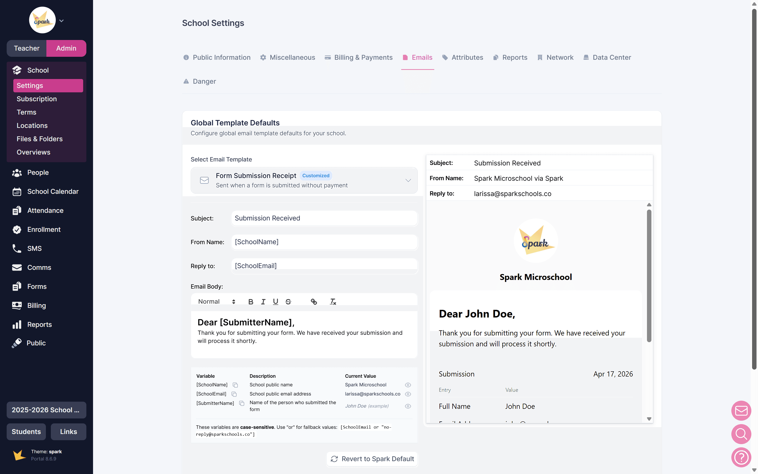 School settings: emails and reciepts