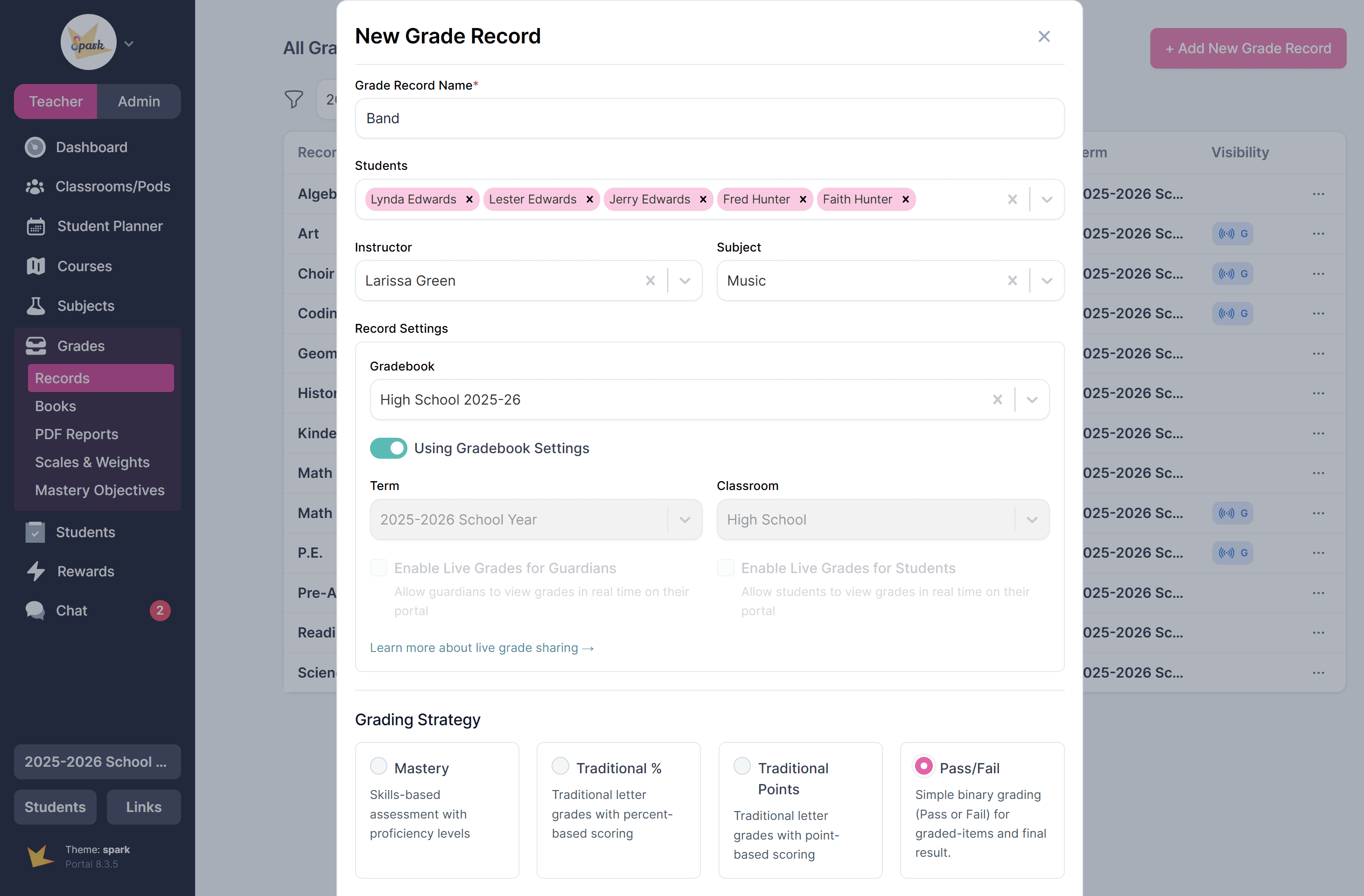 New pass/fail grade record