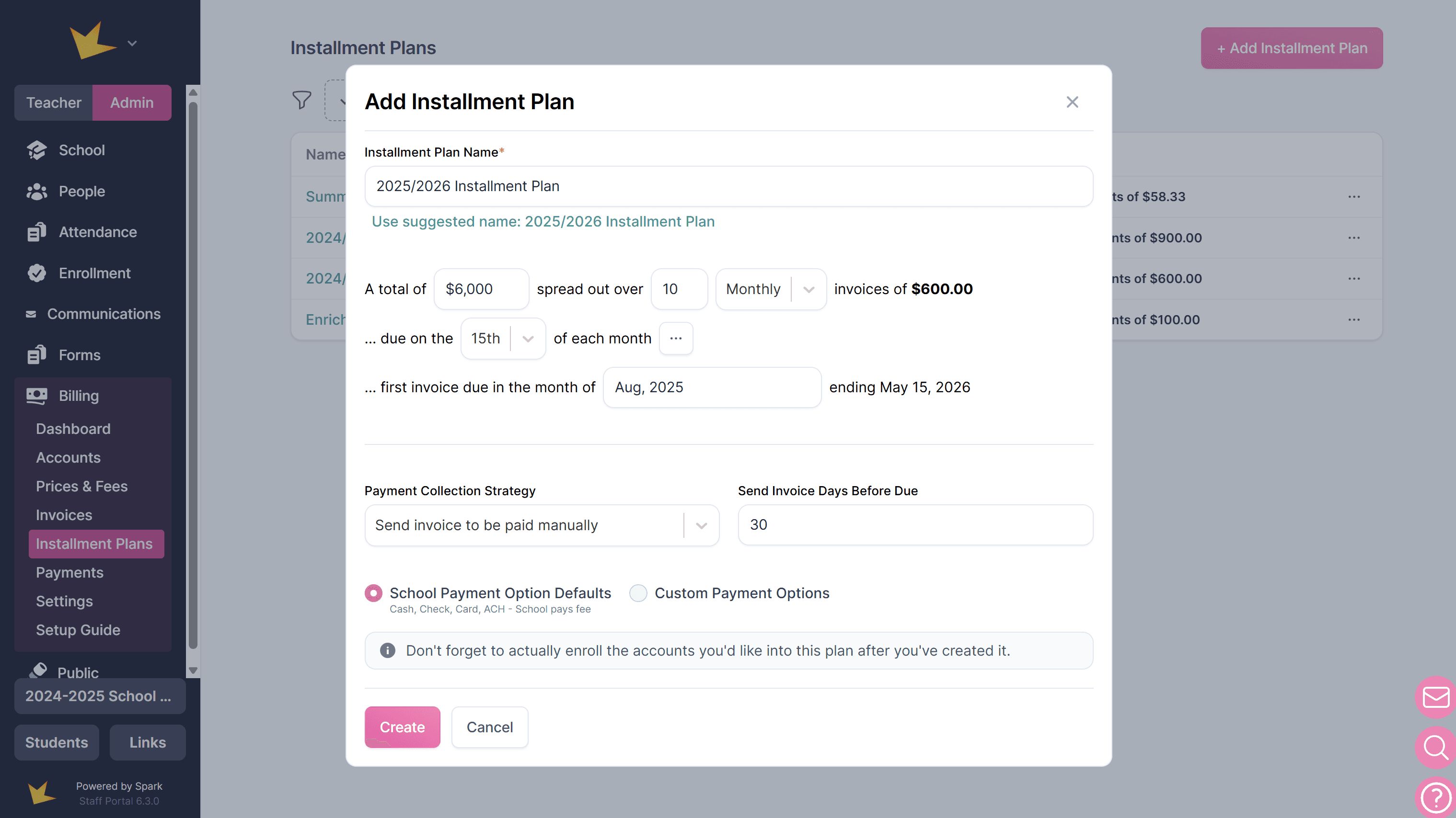 New billing installment plan