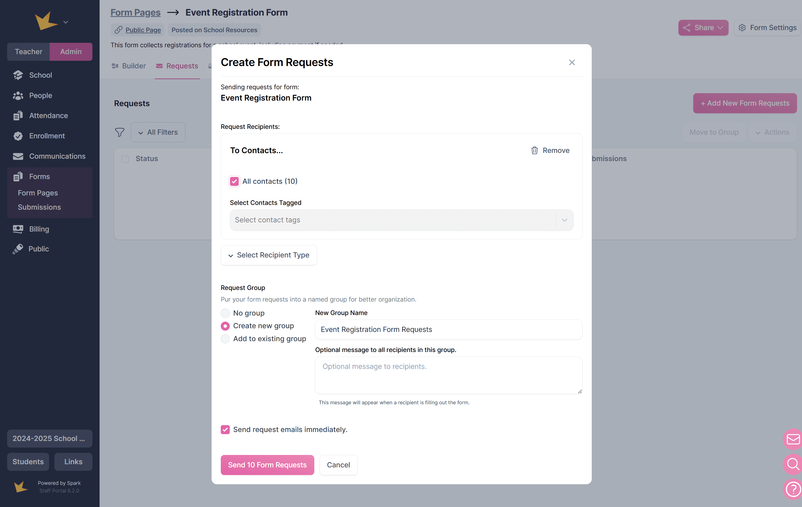 Create Form Requests modal