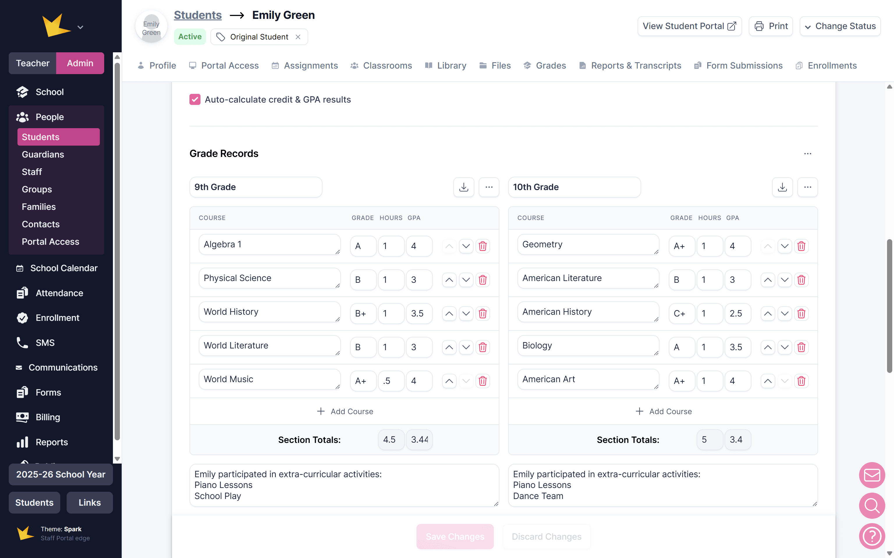 Transcript grade record sections