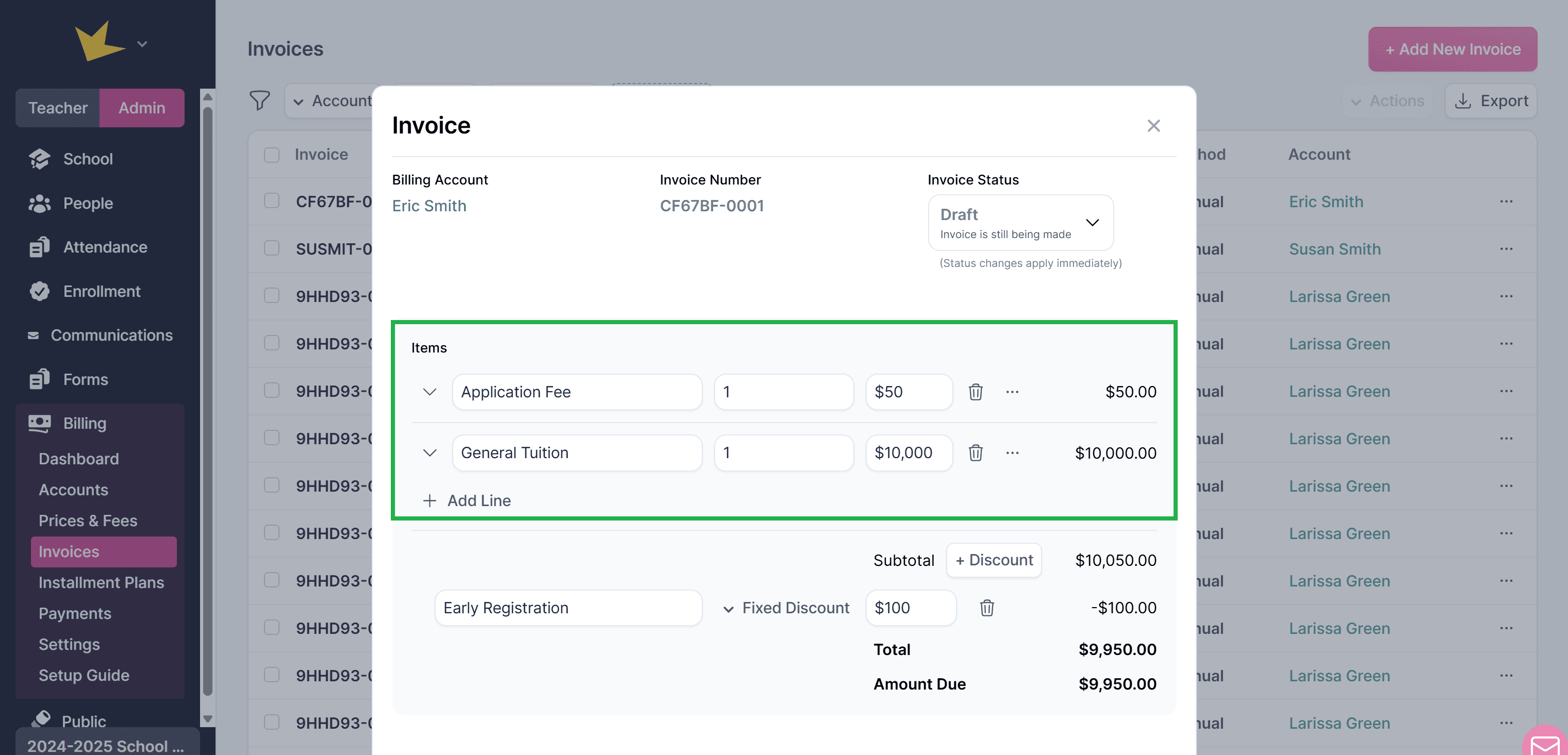 Invoice line items