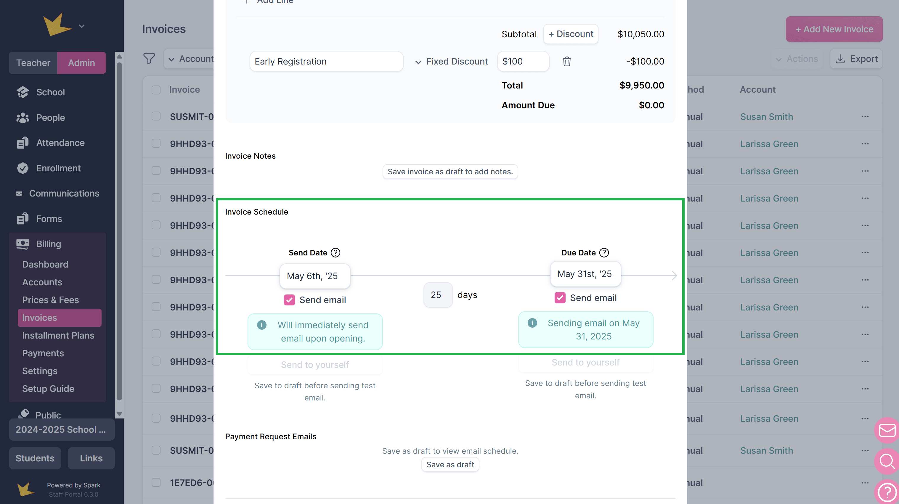 Invoice send and due dates