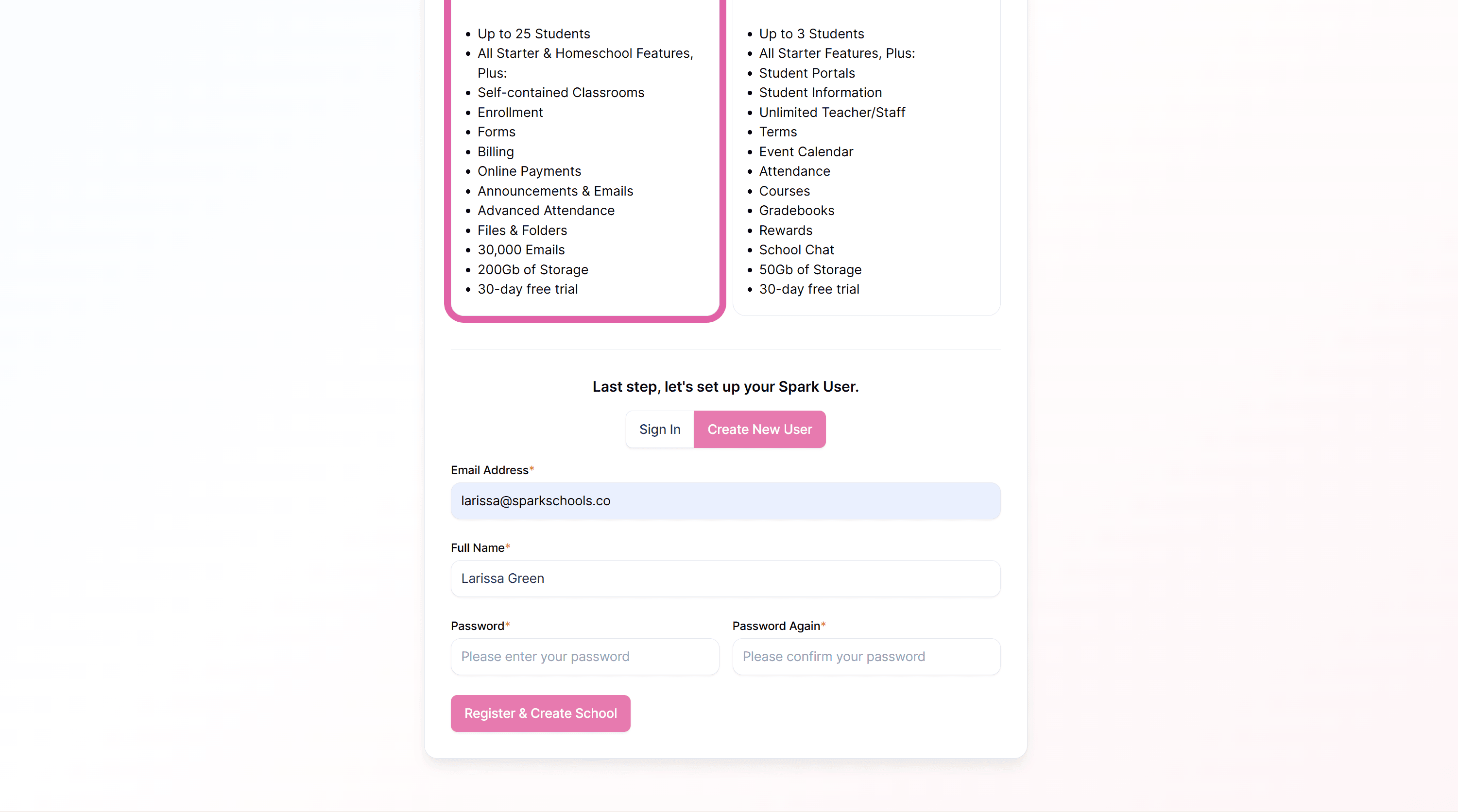 New school user screen