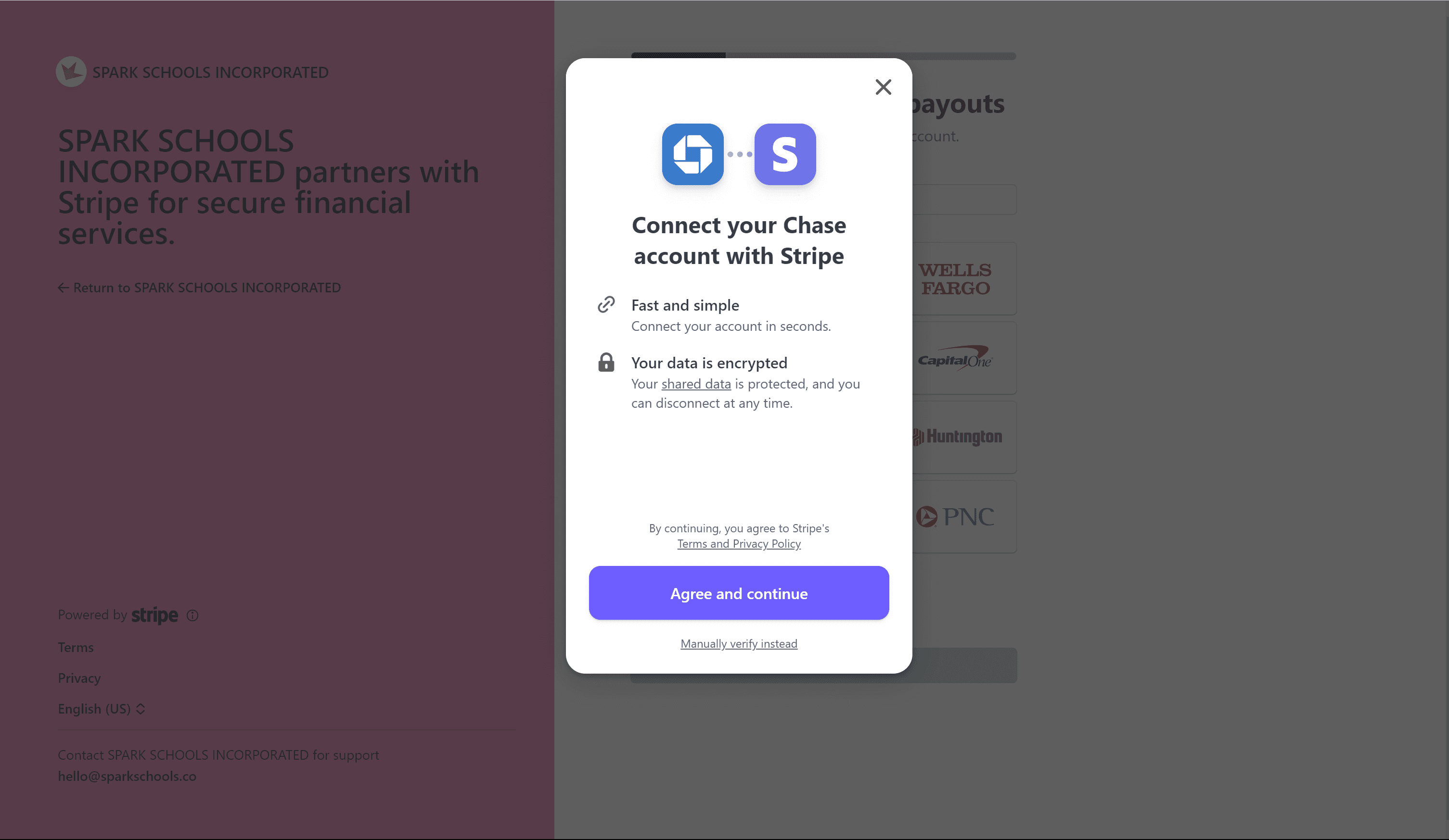 Stripe connect account agree and continue modal
