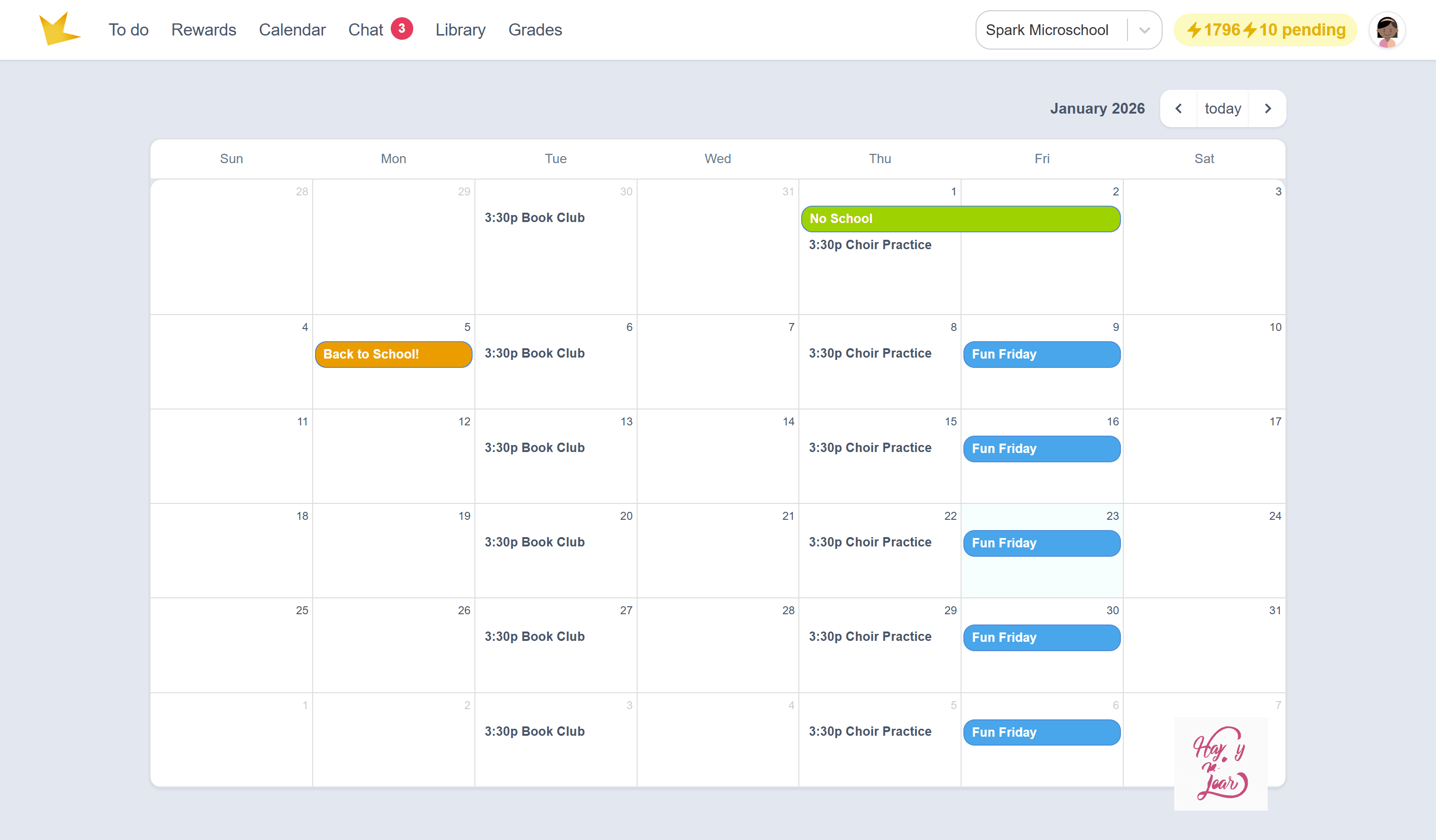Student portal calendar