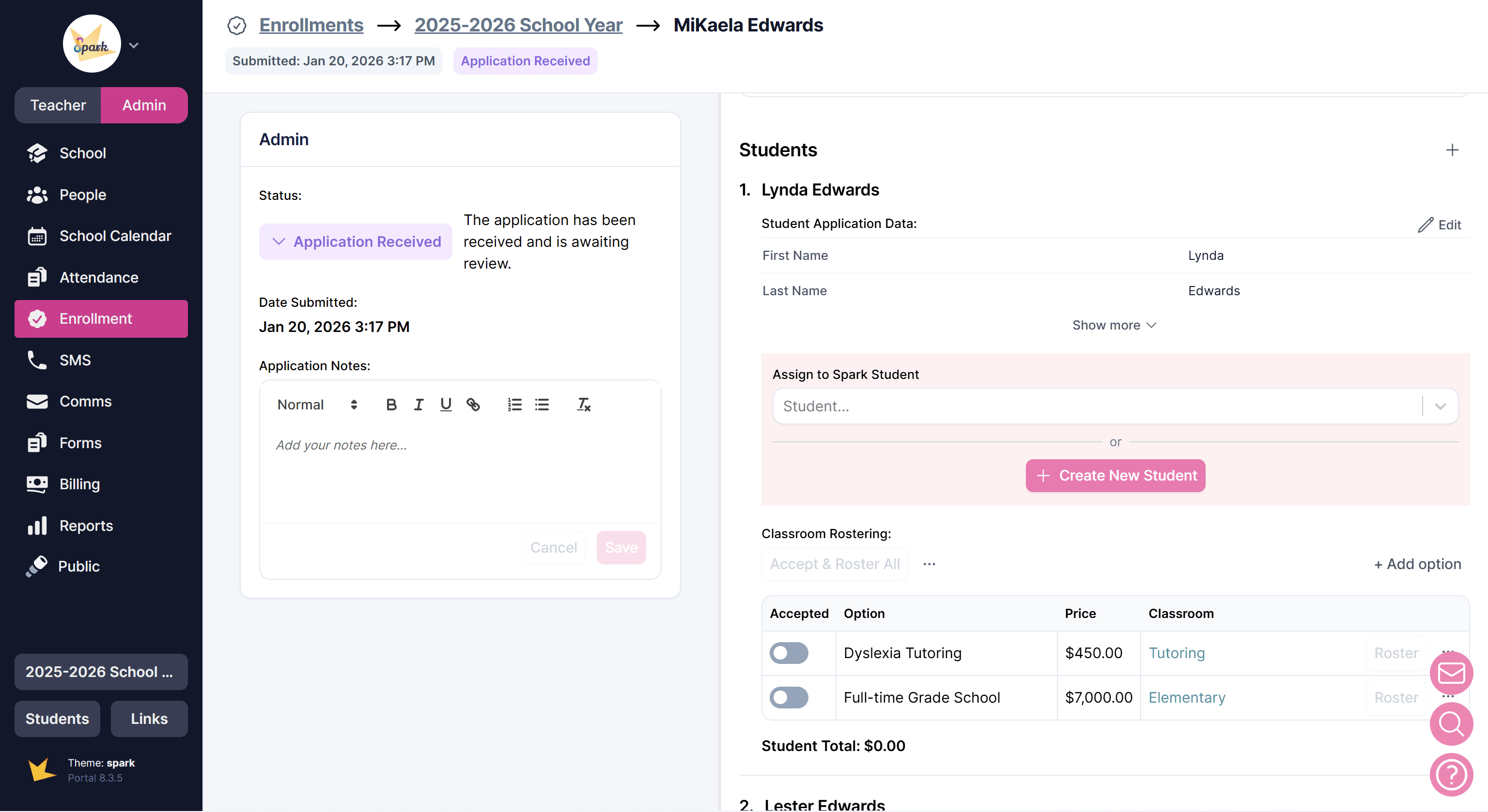 Creating a student from the application