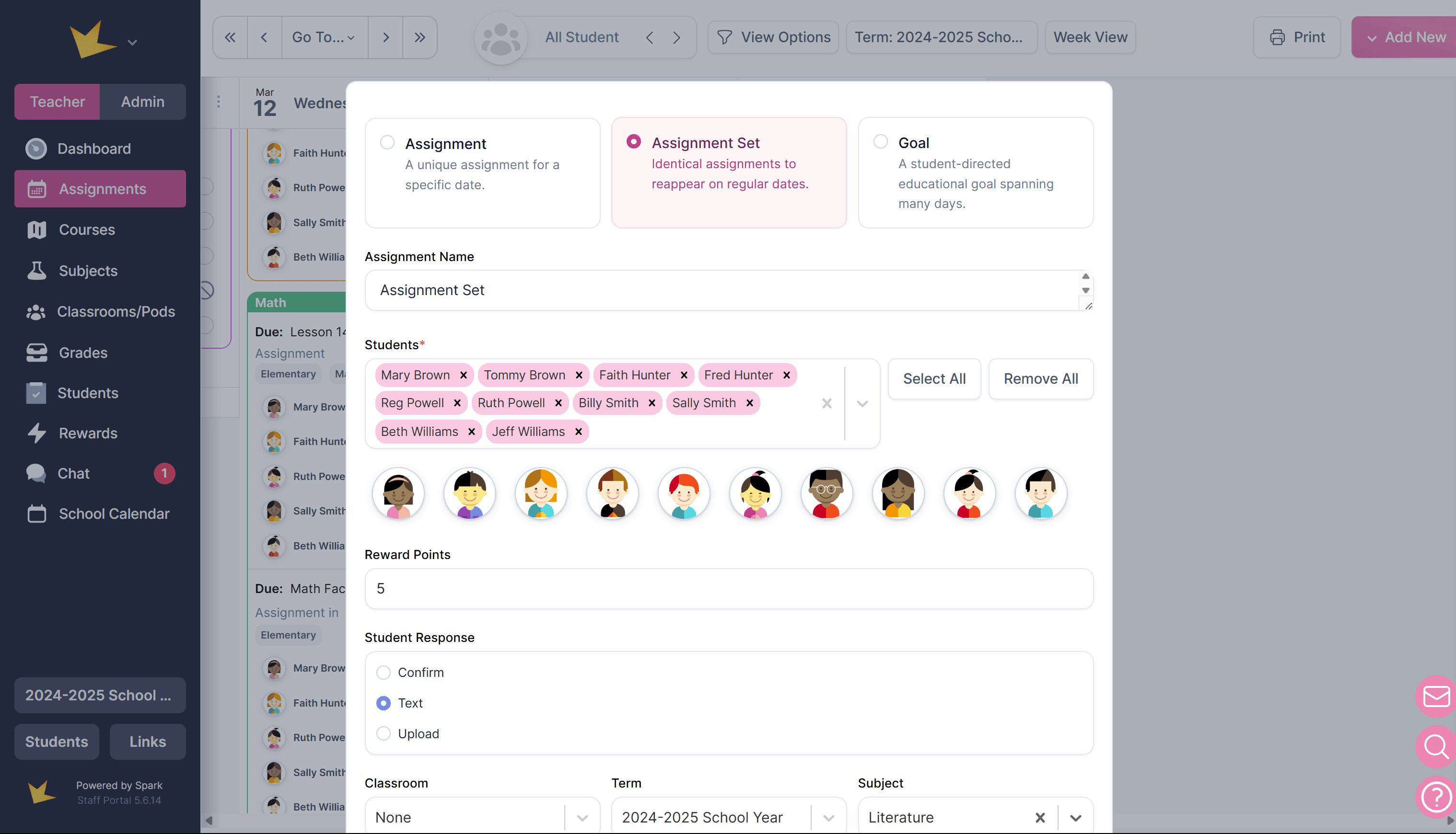 Assignment Set modal