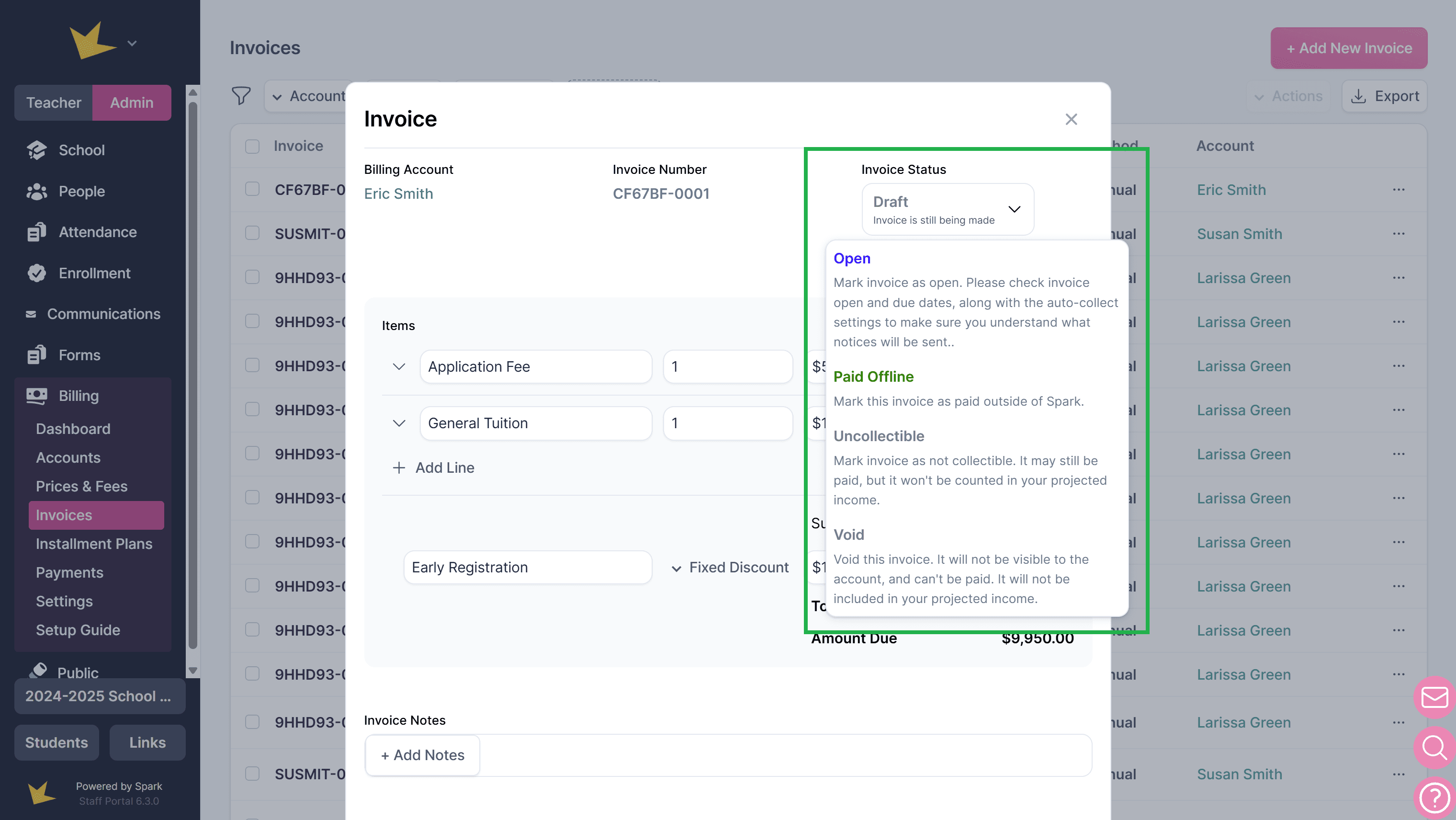 Invoice status selection