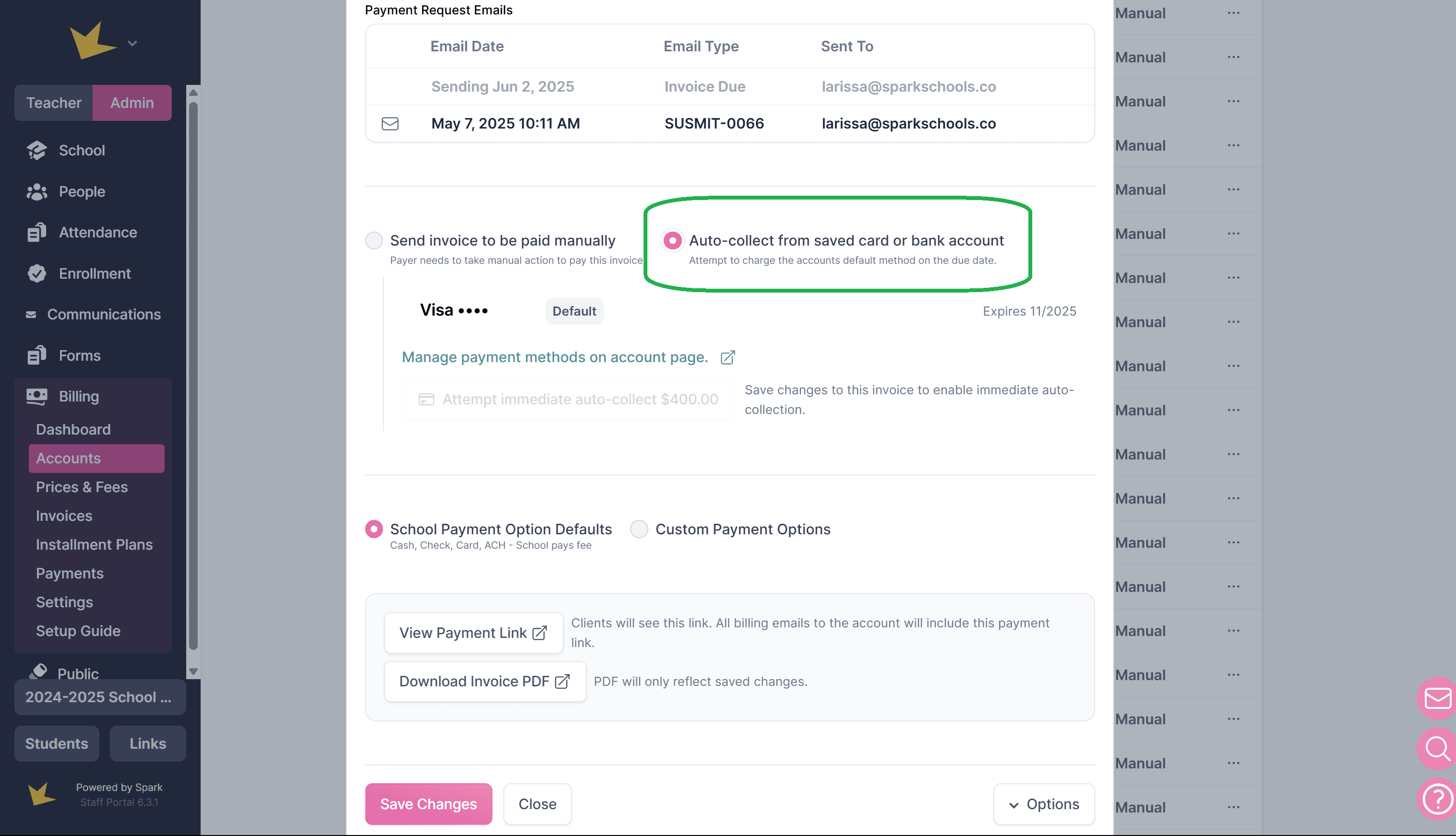 Auto-collect option on an invoice