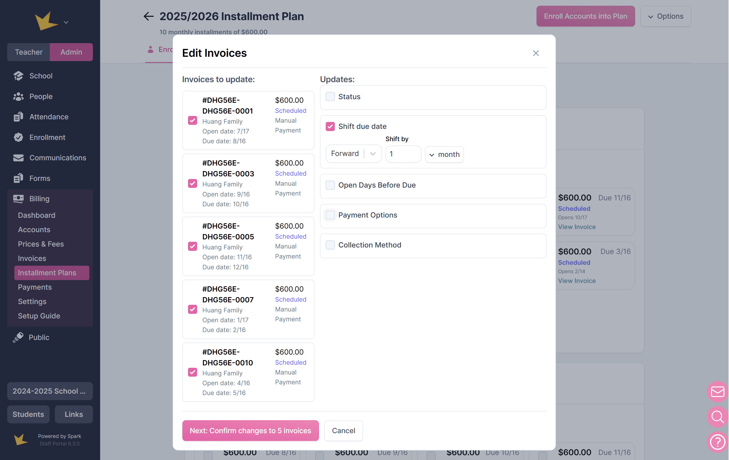 Editing installment plan invoices in bulk