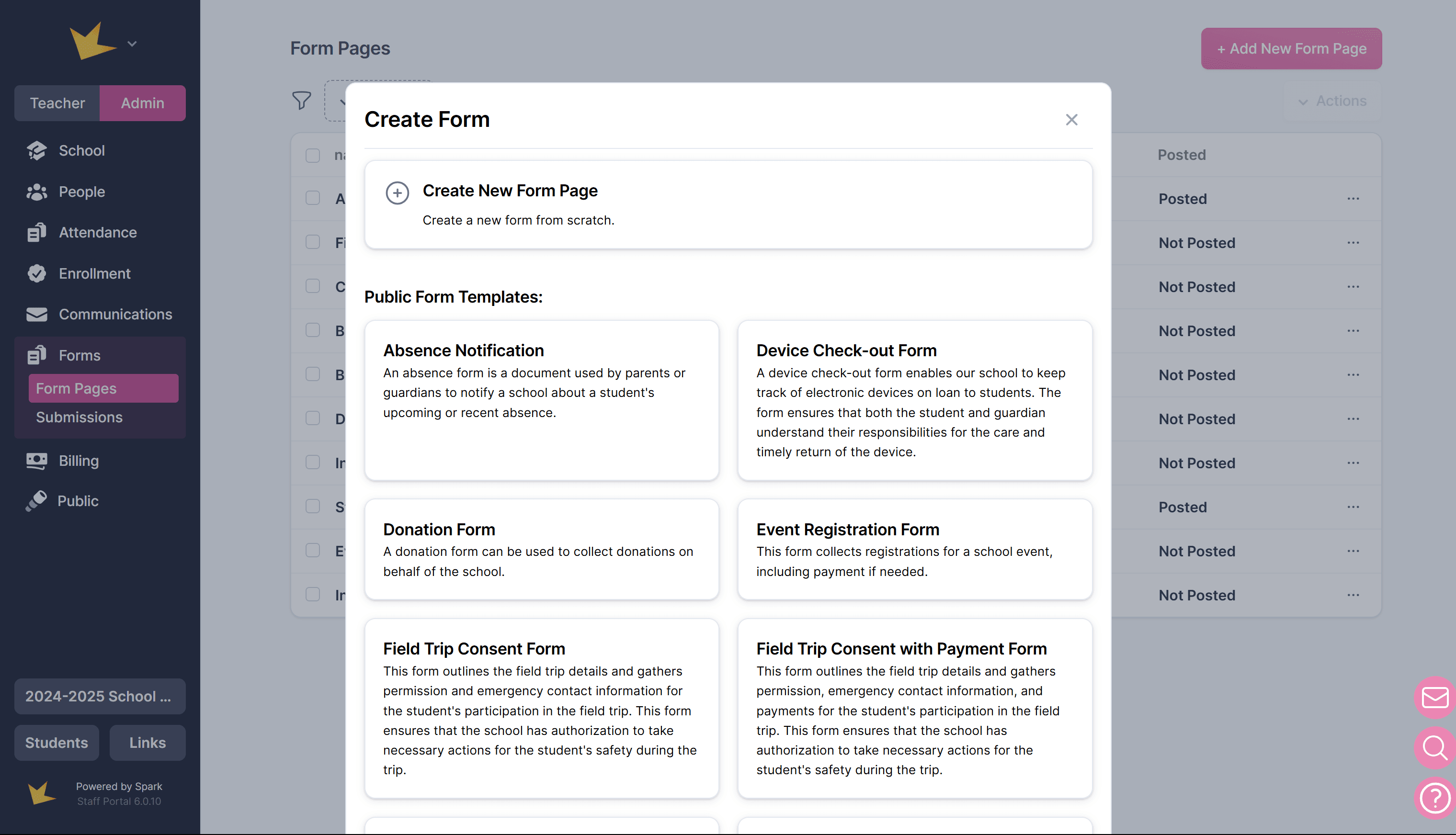 New Form selection modal
