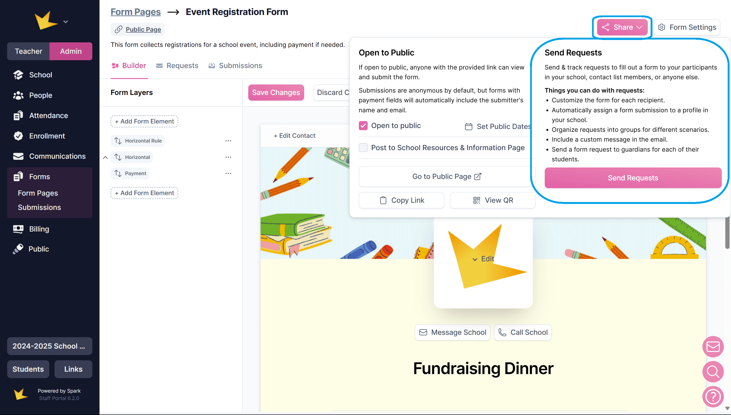 Form Page send requests modal