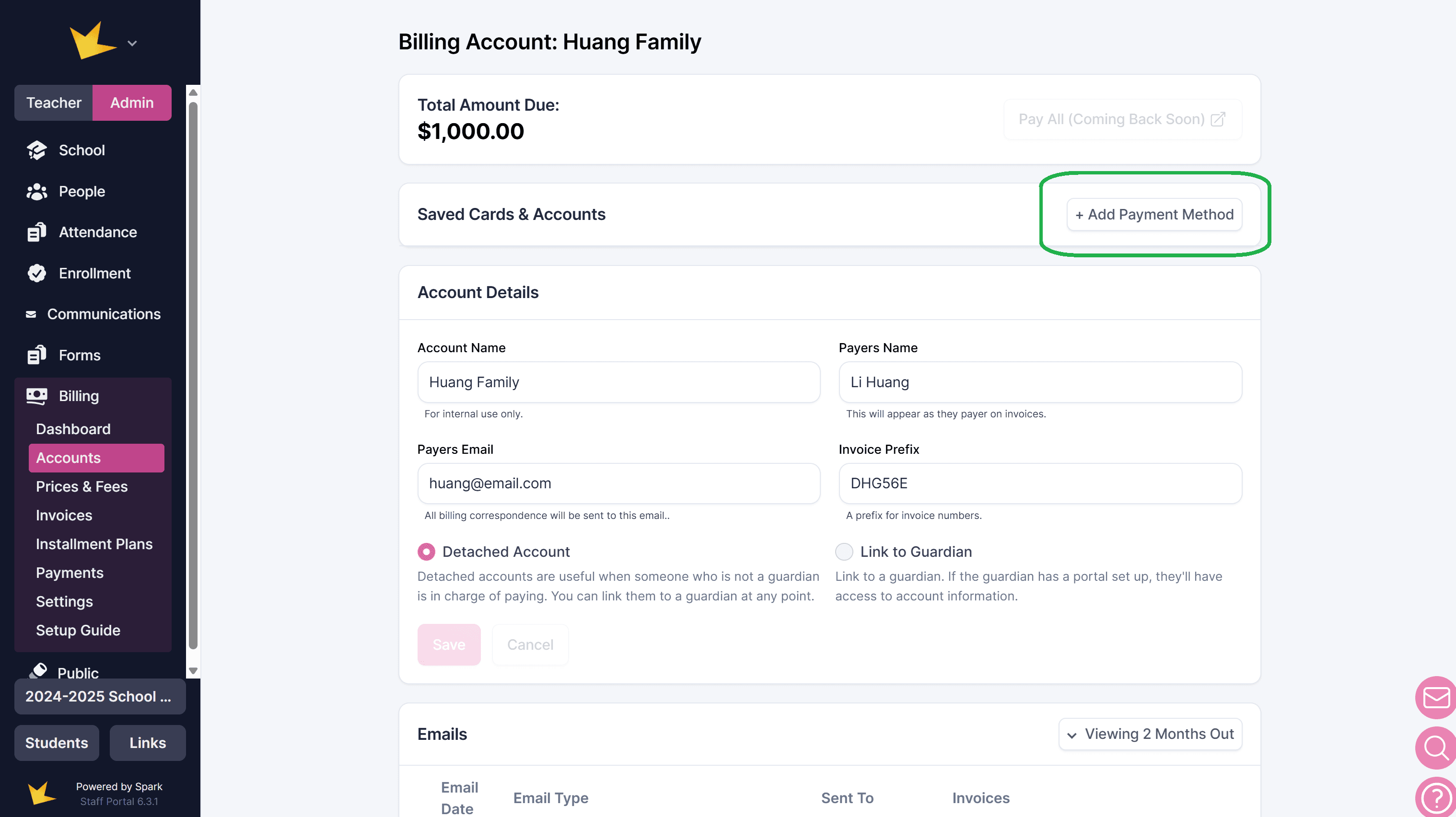 Saving a payment method for a detached account