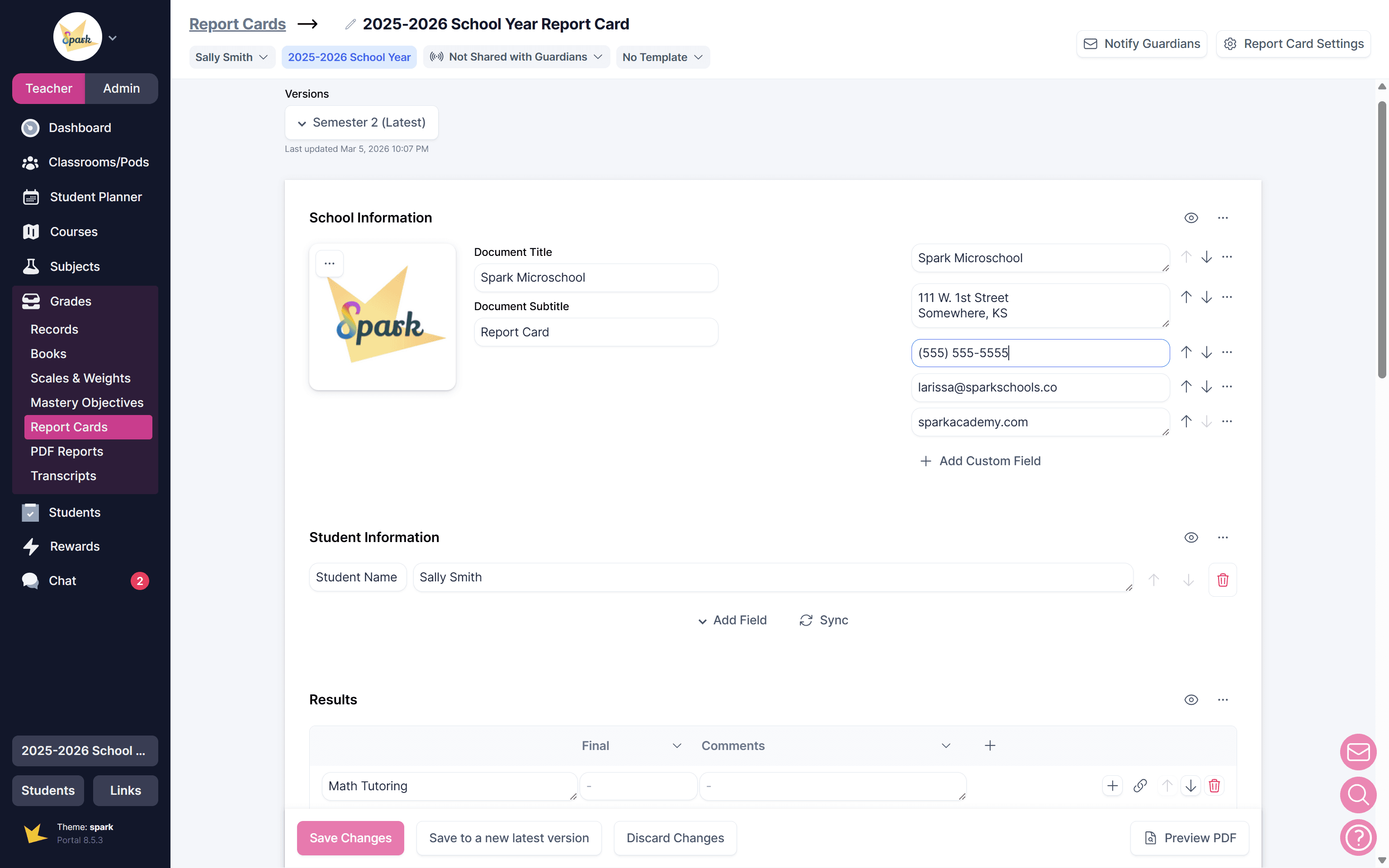 Customizing a report card