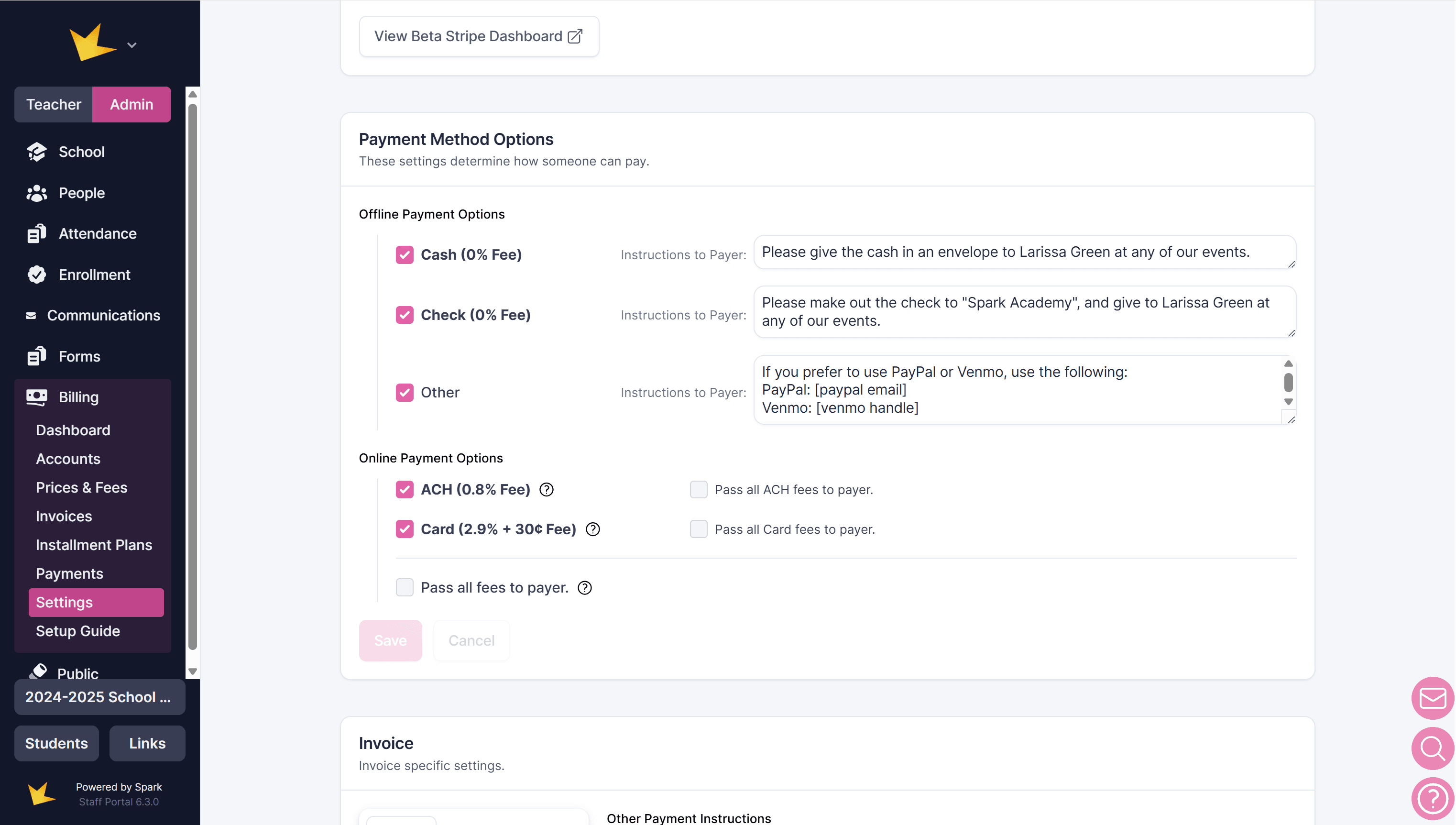 Billing payment methods