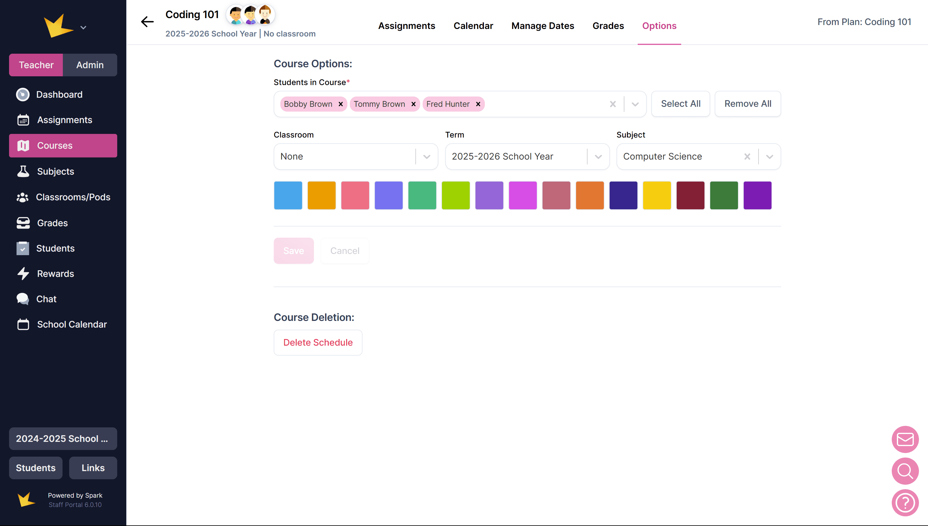 Course Options tab