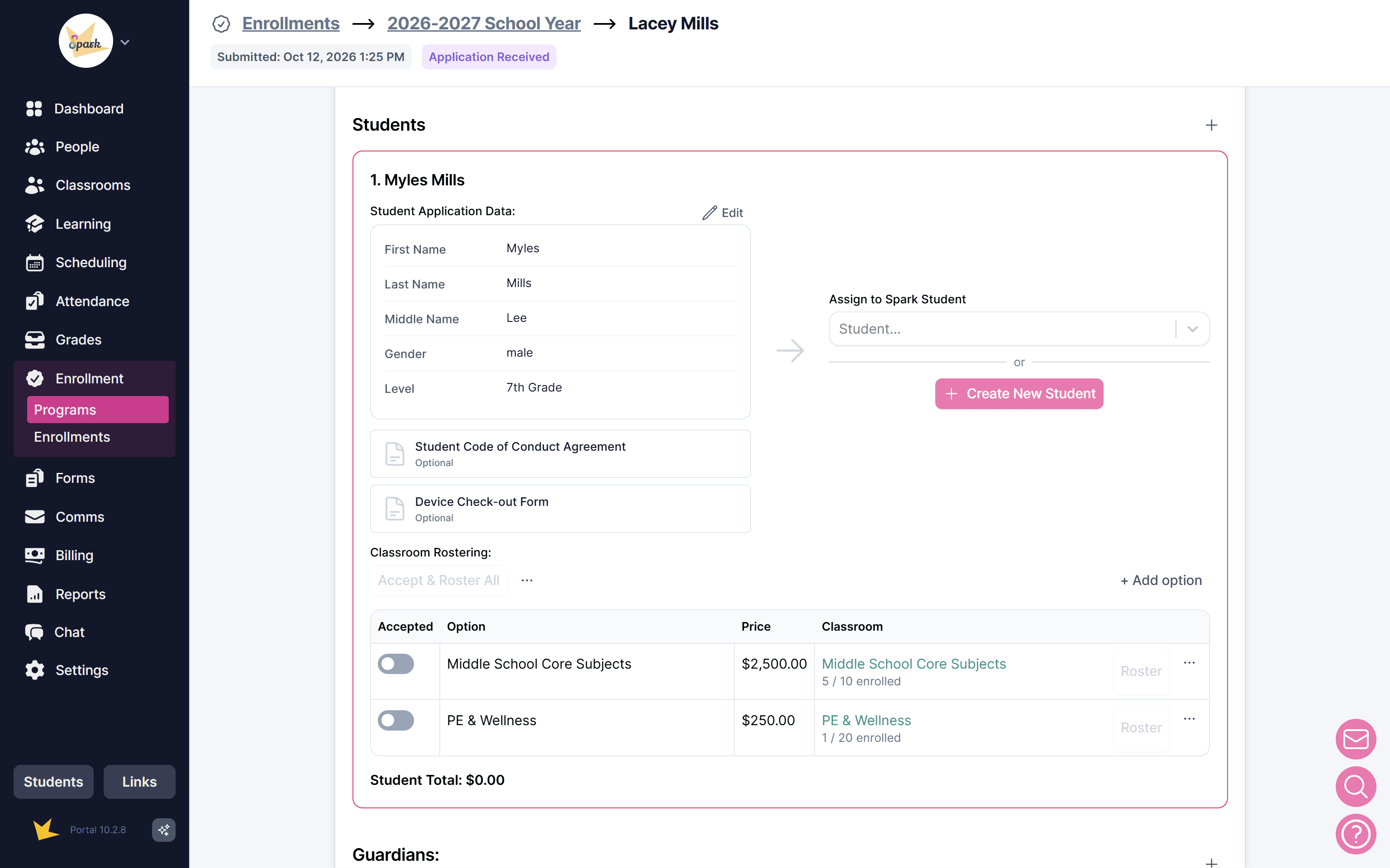 Creating a student from the application