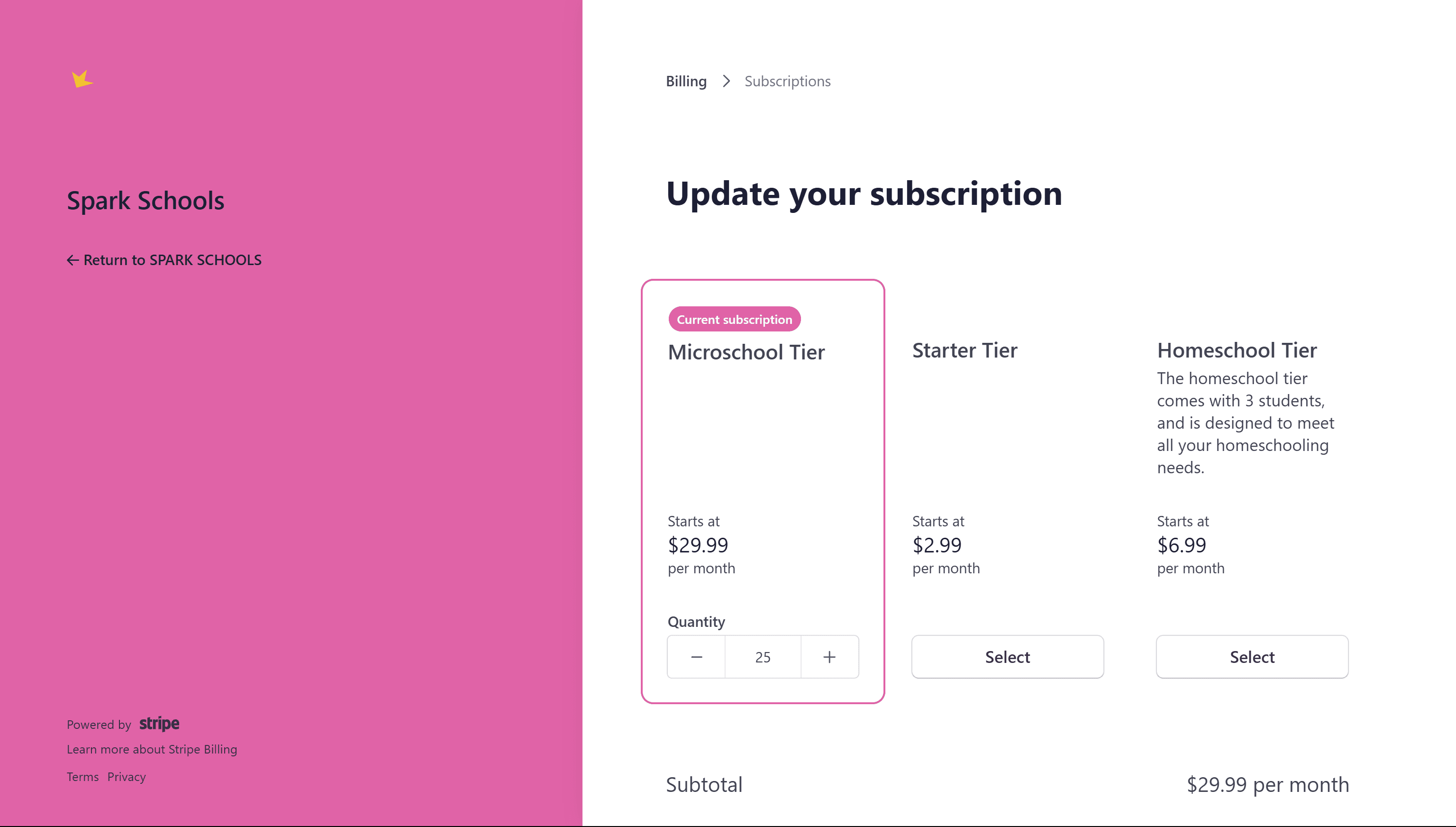 School Subscription Stripe screen