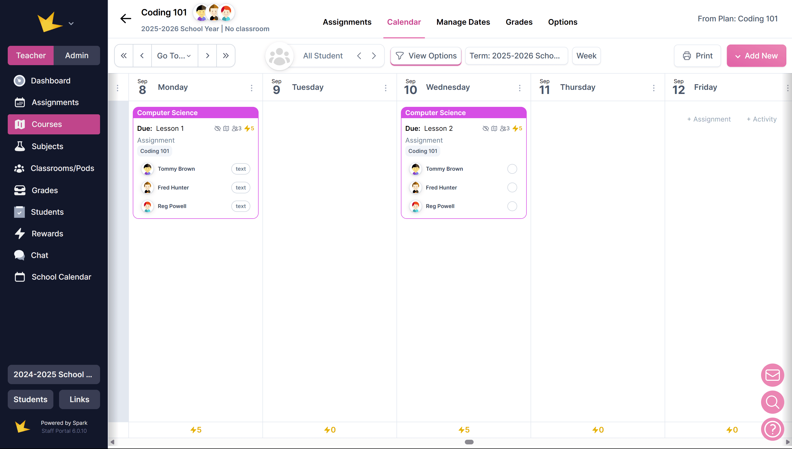 Course Calendar tab