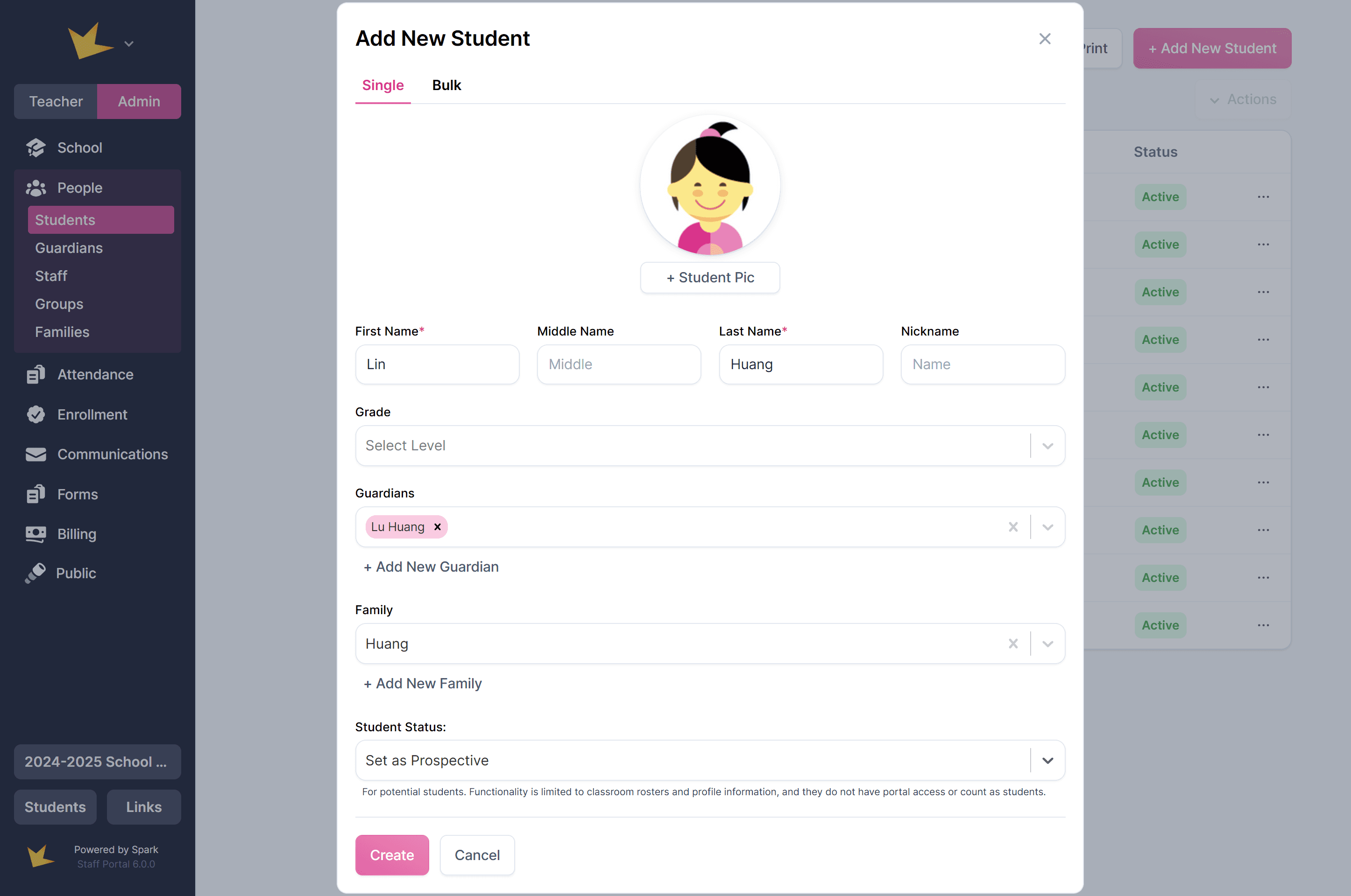New Student modal