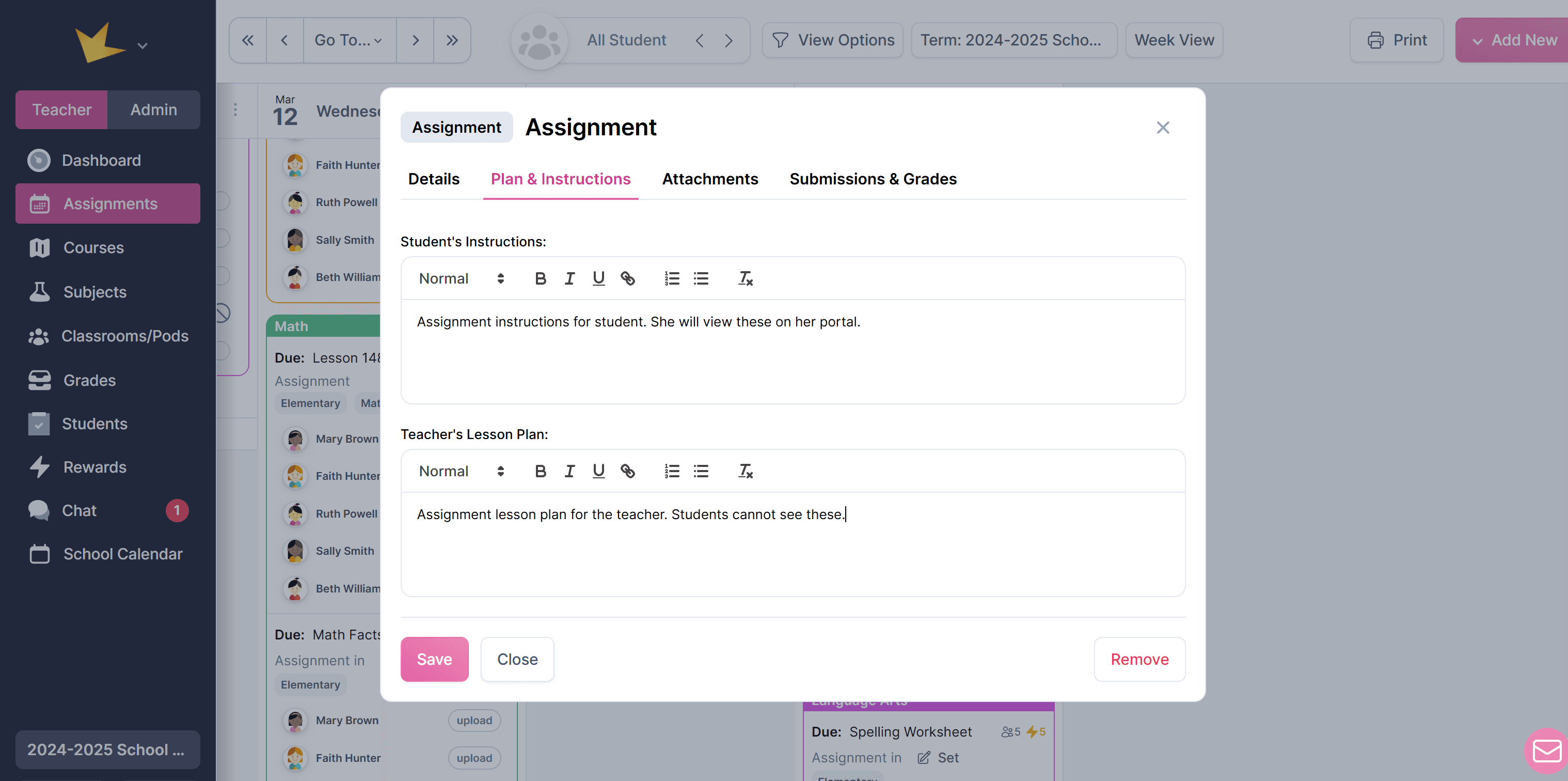 Assignment instructions tab