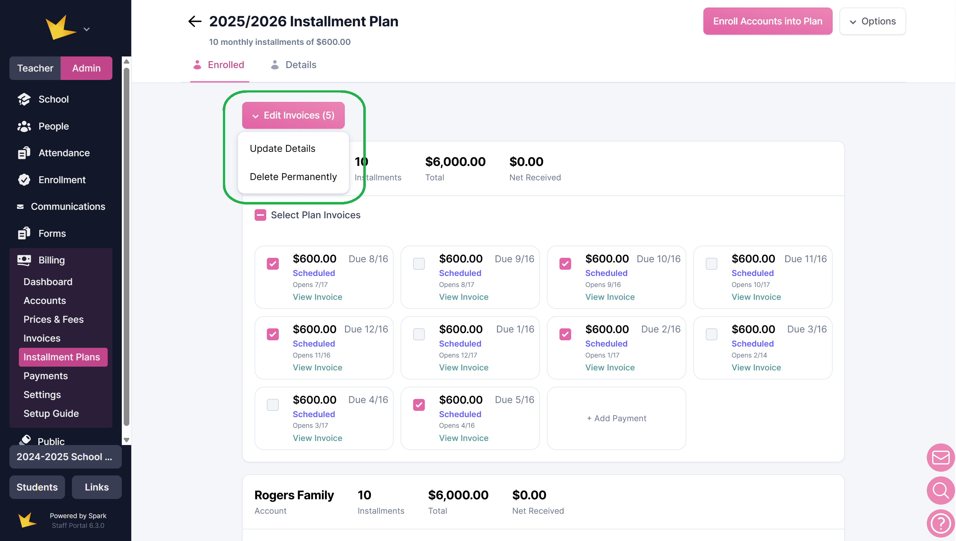 Selecting invoices to edit in bulk in installment plan