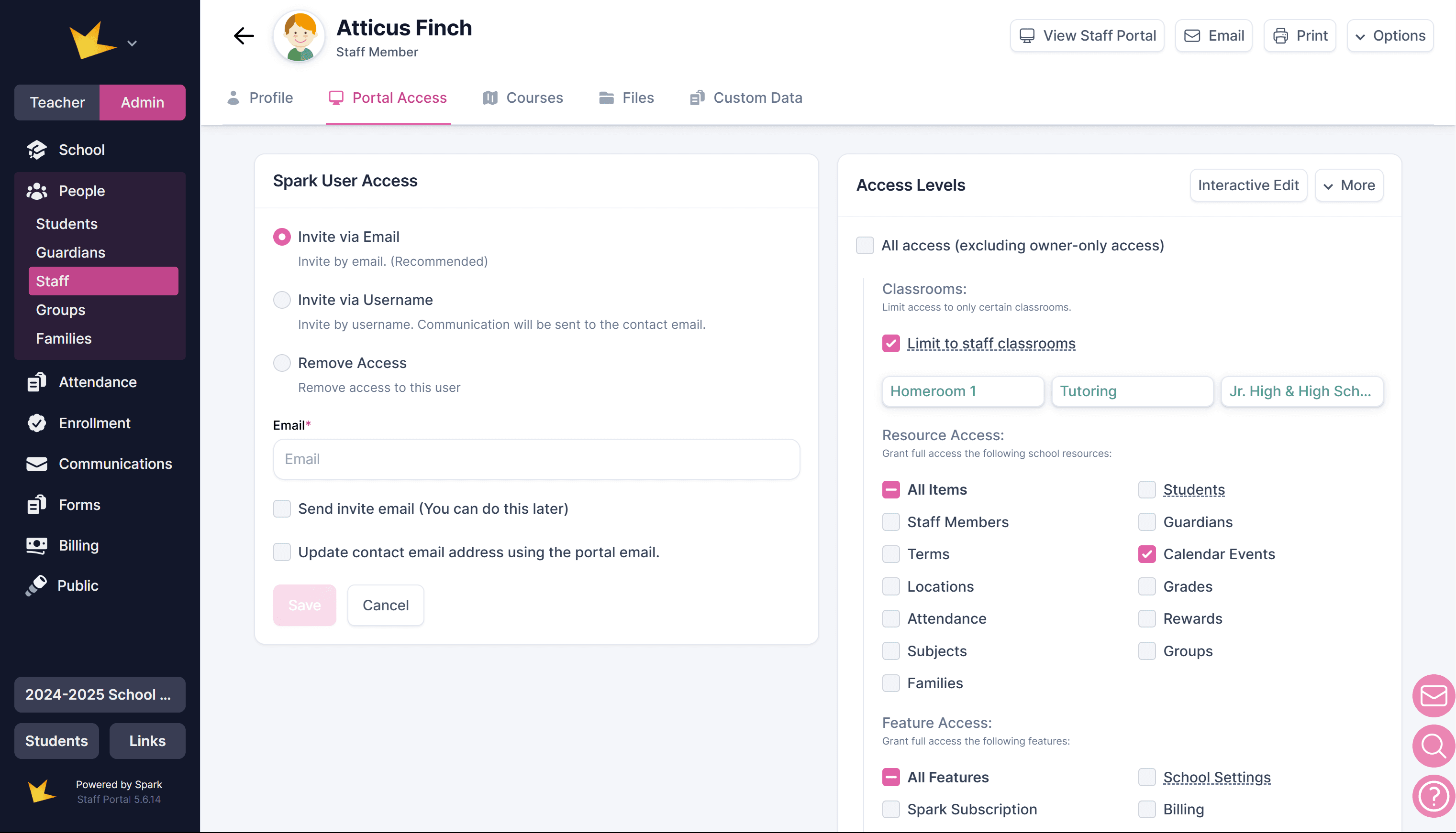 Staff portal access and access levels page