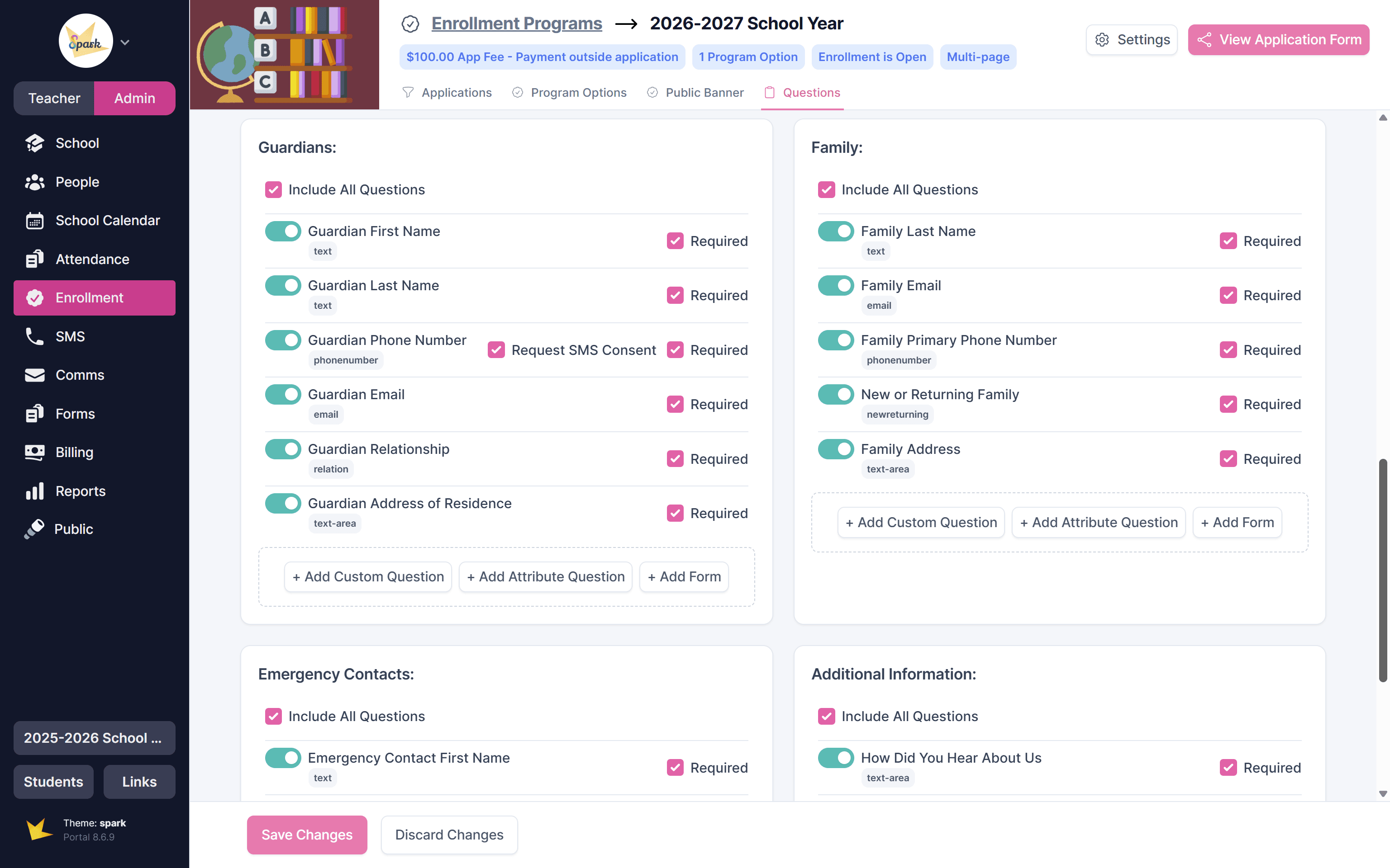 Application questions tab