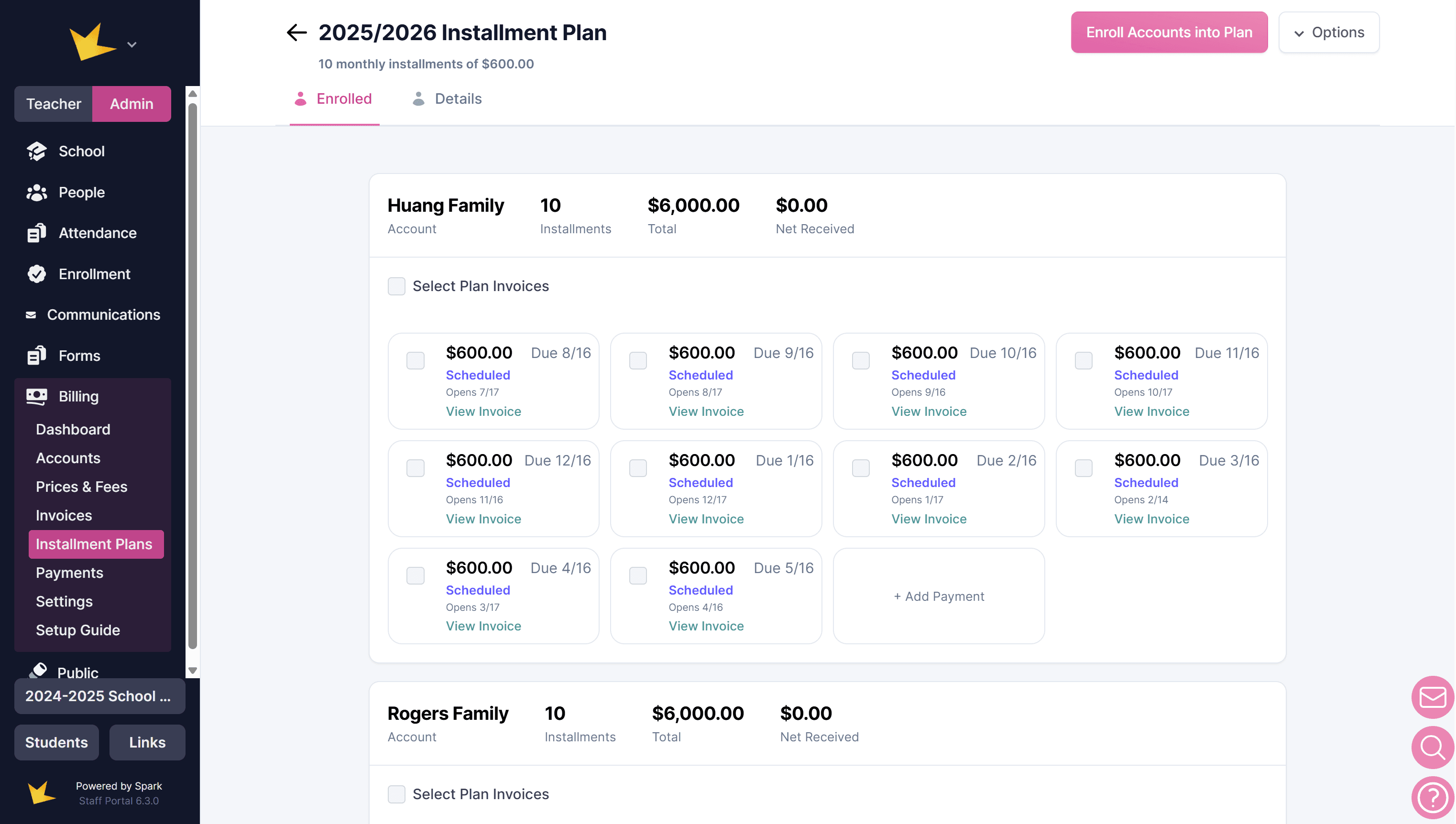 List of enrolled accounts and invoices in billing installment plan
