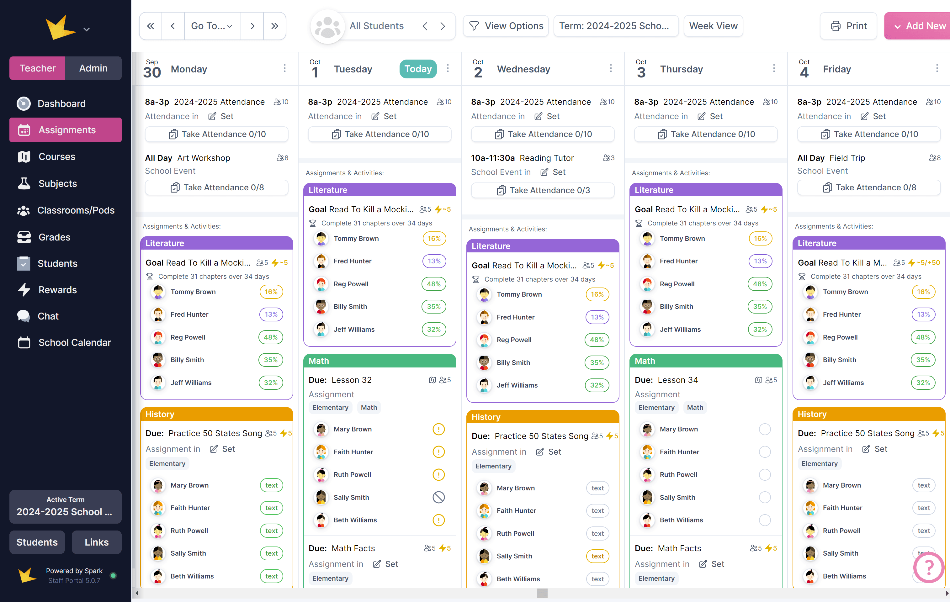 Assignments organized by subject