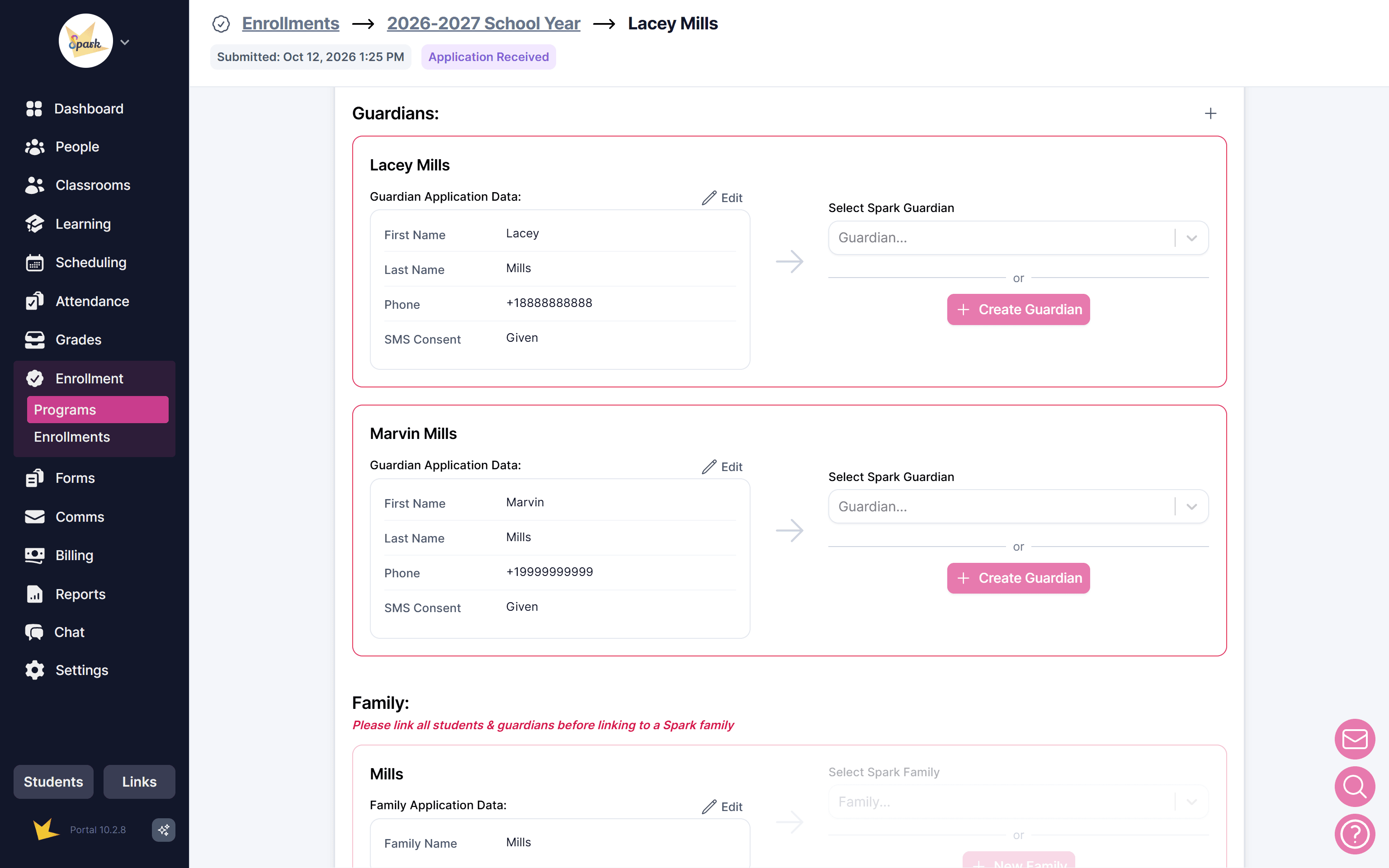 Creating guardians and family from the application