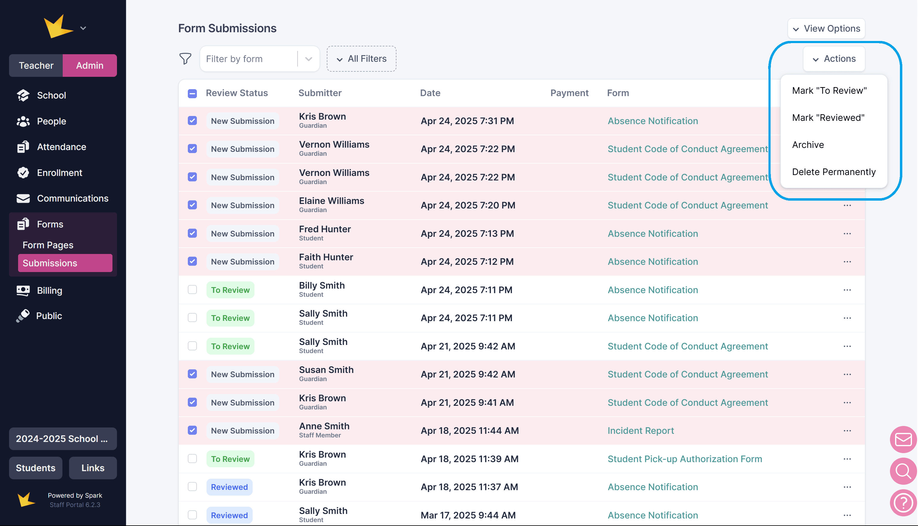 Bulk actions for submissions