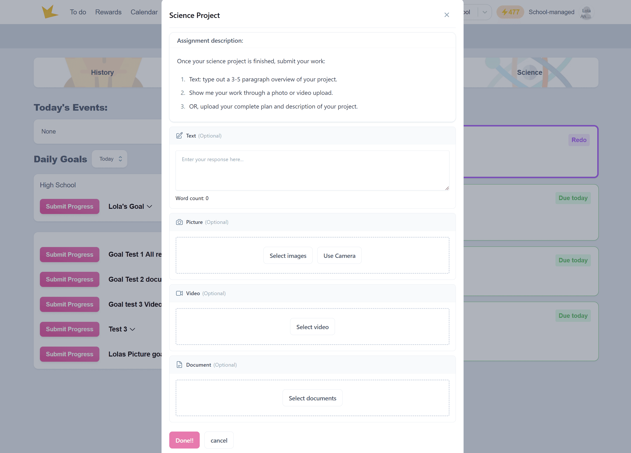 Assignment submission response options