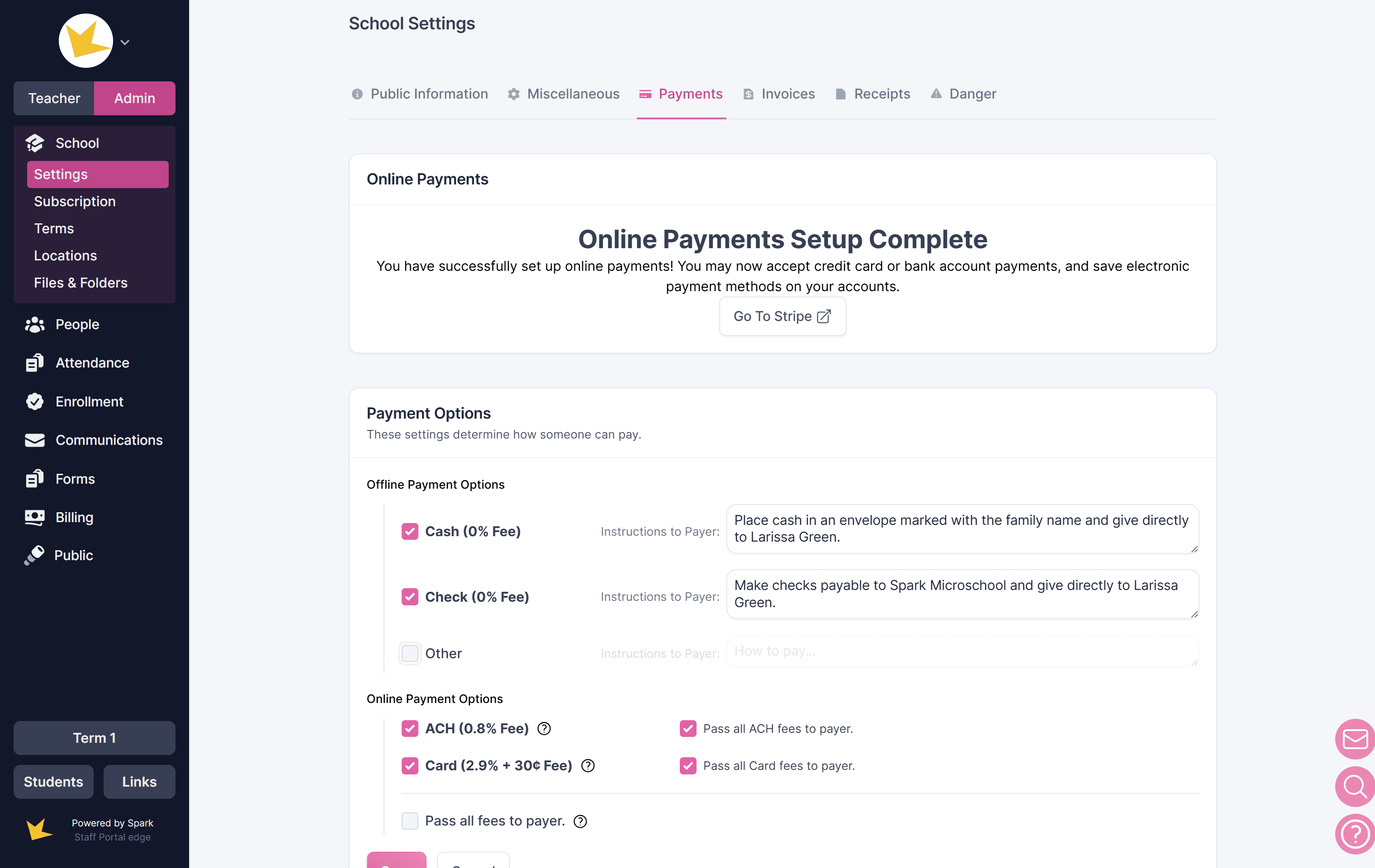 Spark Payments Settings