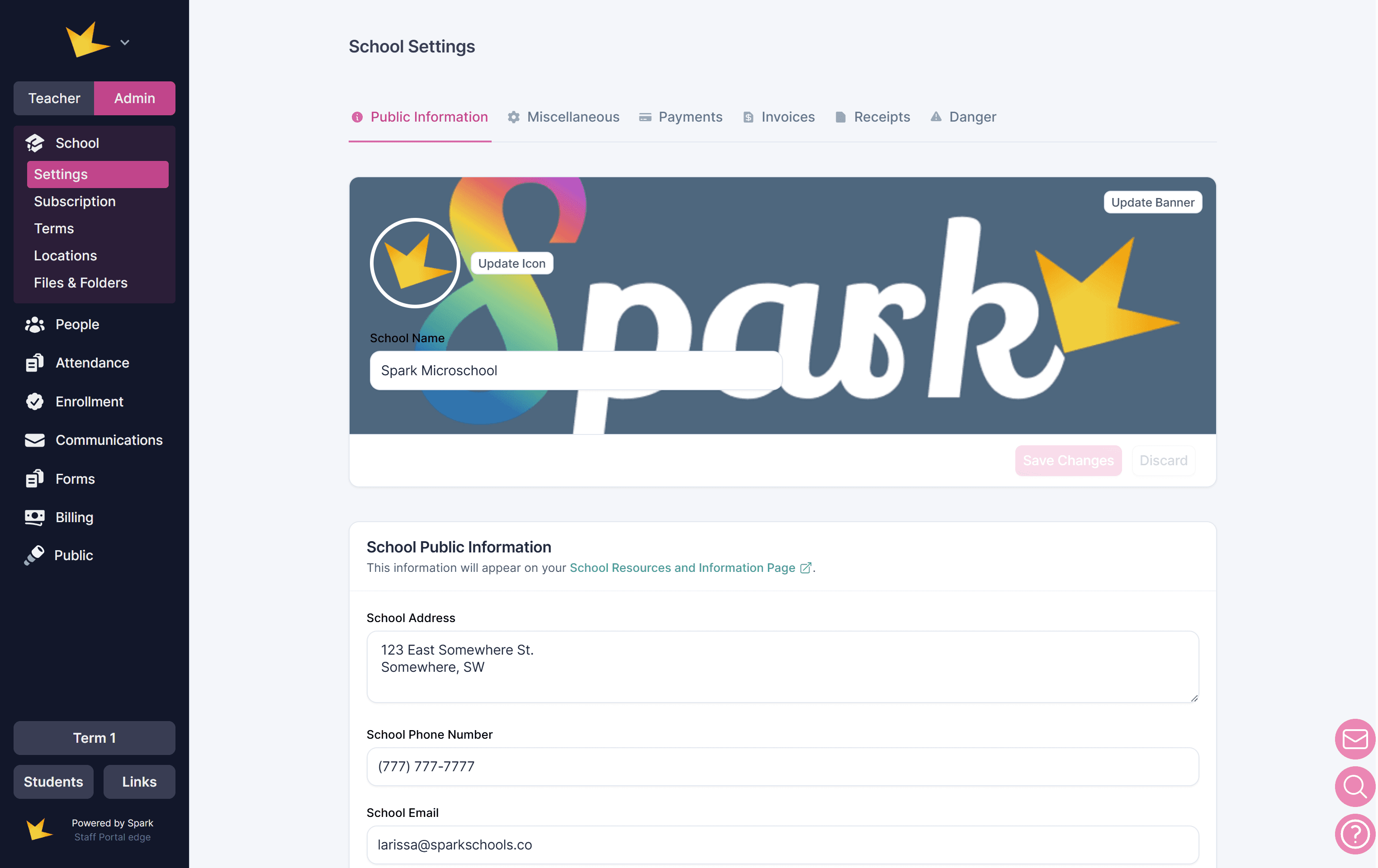 Spark School Settings Public Information page
